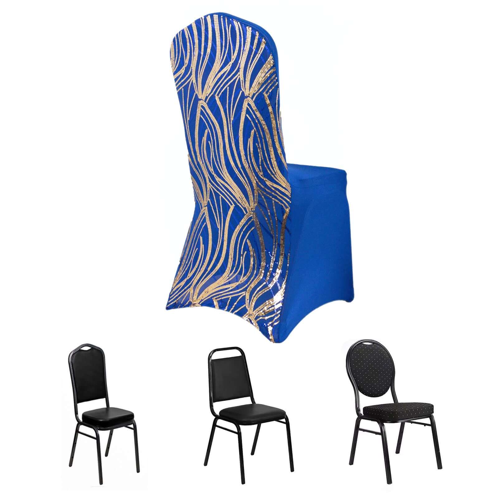 Spandex Chair Cover with Wave Embroidered Sequins for Banquet Chairs Royal Blue/Gold - Glittering Stretch Fitted Slipcover - Bell Racket Store