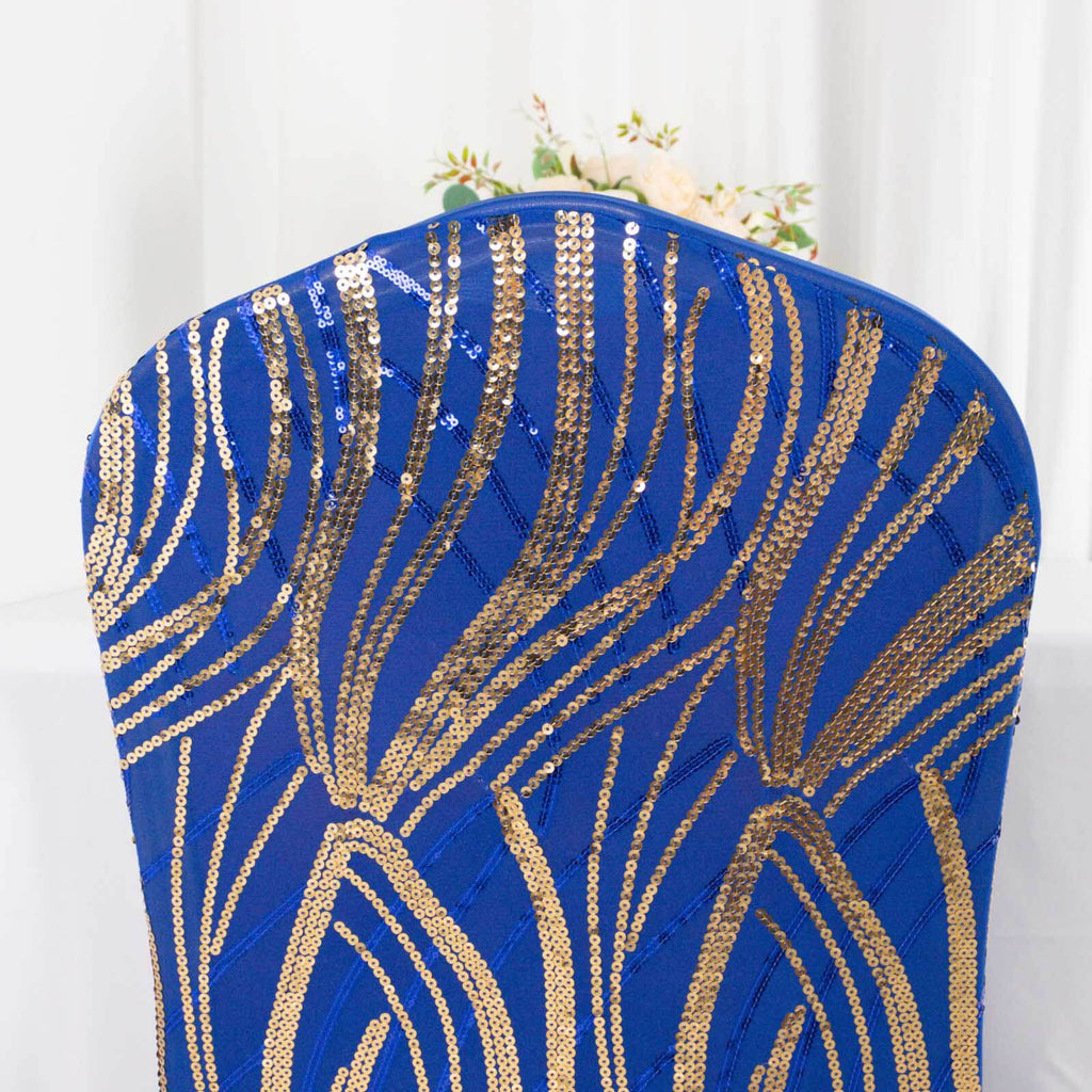 Spandex Chair Cover with Wave Embroidered Sequins for Banquet Chairs Royal Blue/Gold - Glittering Stretch Fitted Slipcover - Bell Racket Store