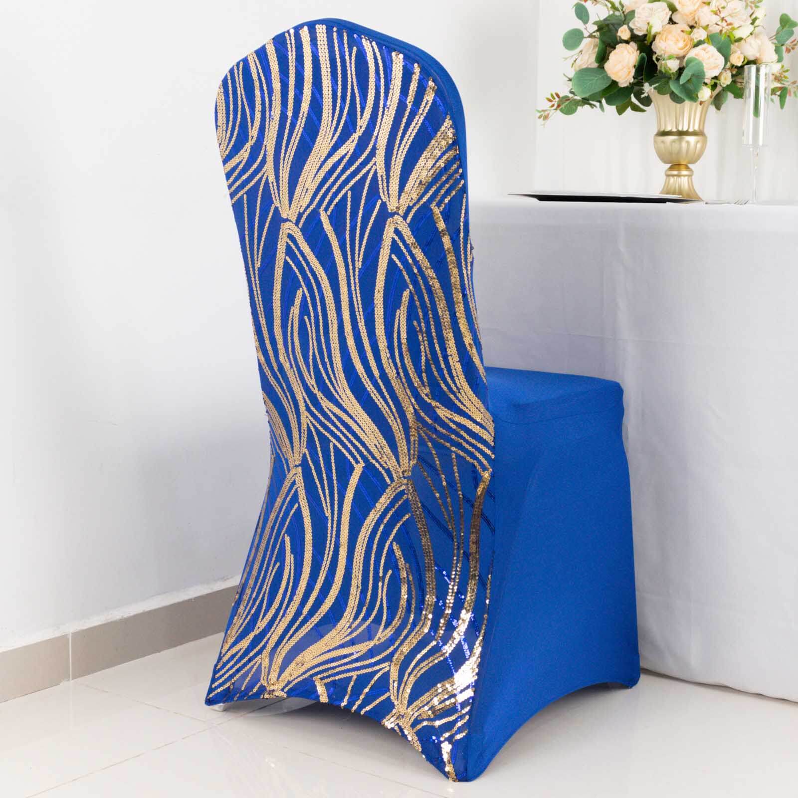 Spandex Chair Cover with Wave Embroidered Sequins for Banquet Chairs Royal Blue/Gold - Glittering Stretch Fitted Slipcover - Bell Racket Store