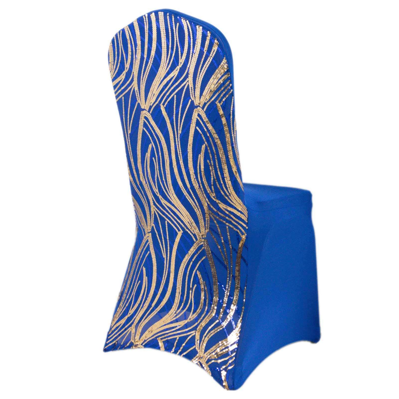 Spandex Chair Cover with Wave Embroidered Sequins for Banquet Chairs Royal Blue/Gold - Glittering Stretch Fitted Slipcover - Bell Racket Store