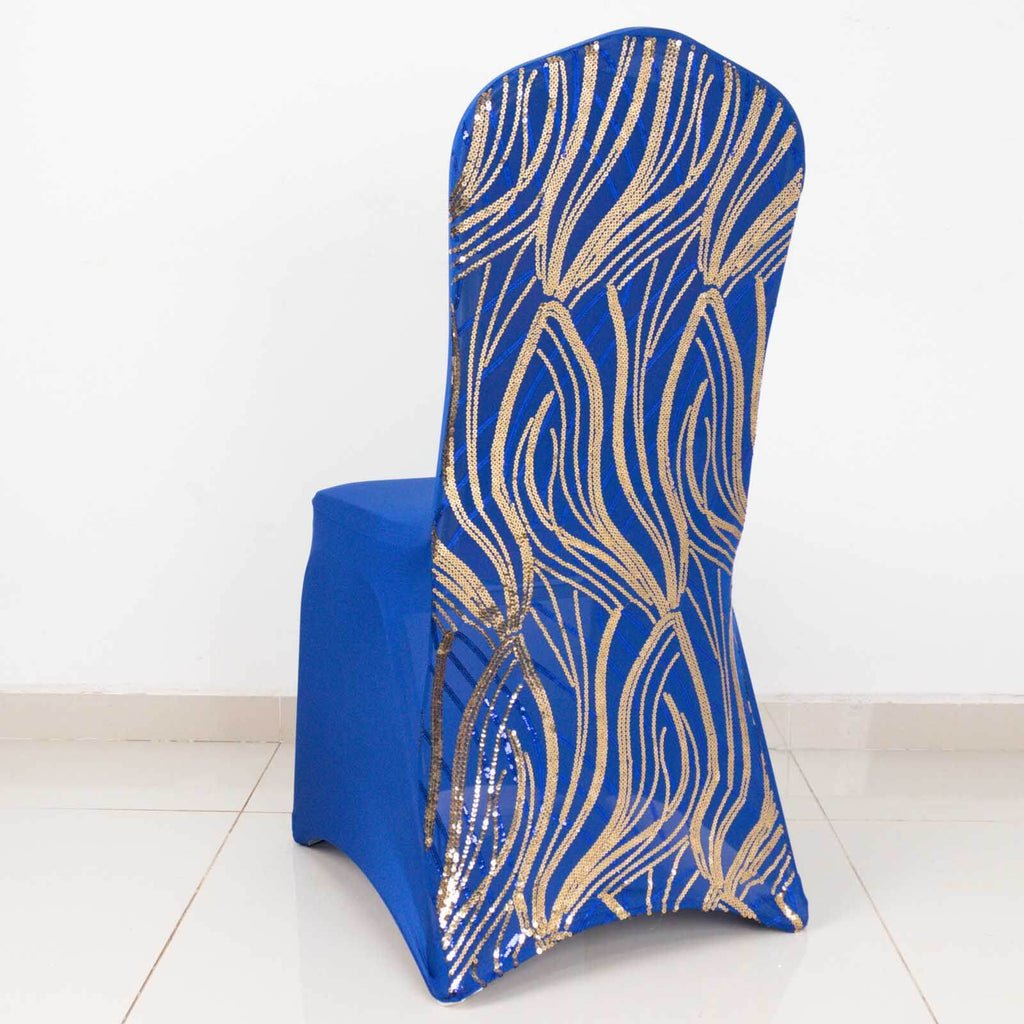 Spandex Chair Cover with Wave Embroidered Sequins for Banquet Chairs Royal Blue/Gold - Glittering Stretch Fitted Slipcover - Bell Racket Store