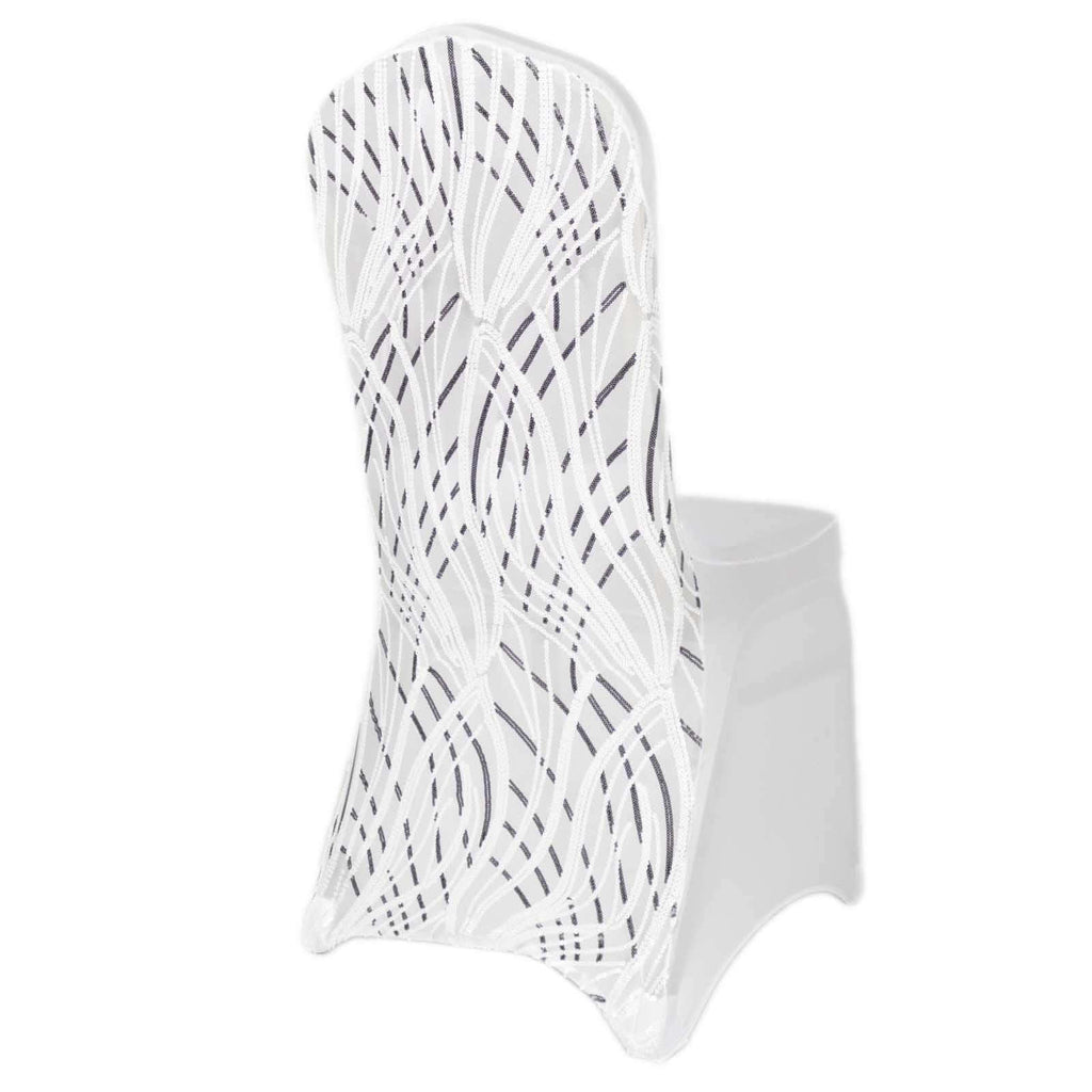 Spandex Chair Cover with Wave Embroidered Sequins for Banquet Chairs White/Black - Luxe Glittering Stretch Fitted Slipcover - Bell Racket Store