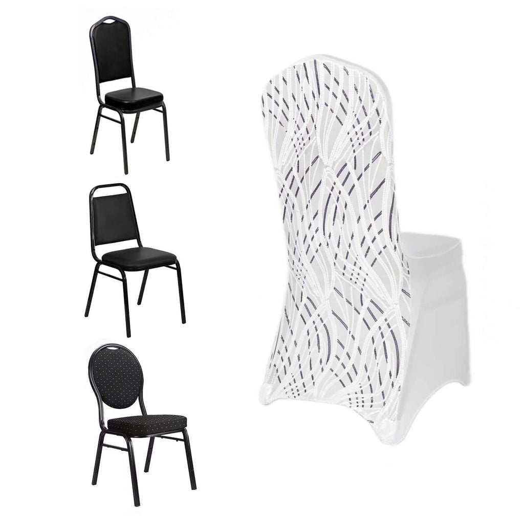 Spandex Chair Cover with Wave Embroidered Sequins for Banquet Chairs White/Black - Luxe Glittering Stretch Fitted Slipcover - Bell Racket Store