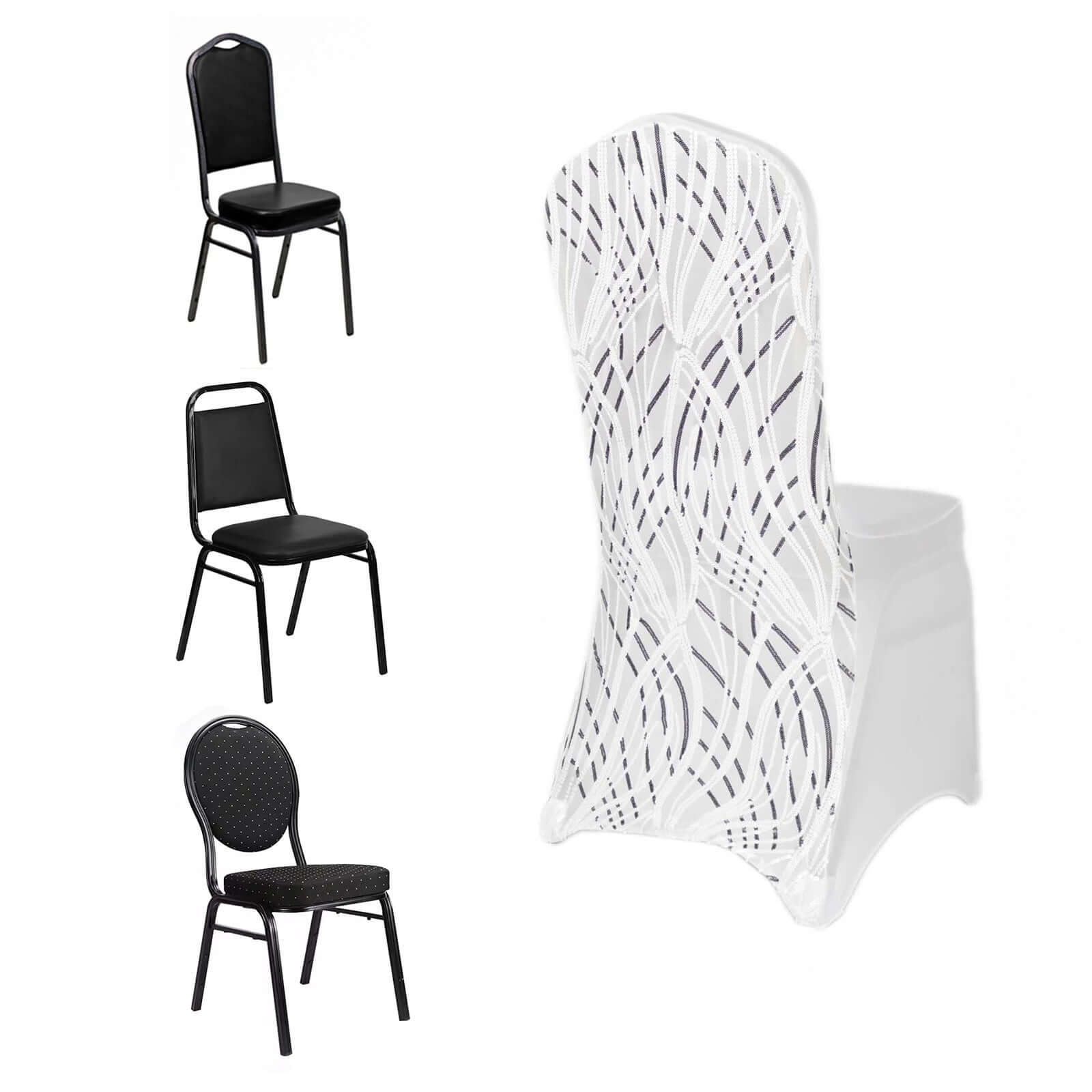 Spandex Chair Cover with Wave Embroidered Sequins for Banquet Chairs White/Black - Luxe Glittering Stretch Fitted Slipcover - Bell Racket Store