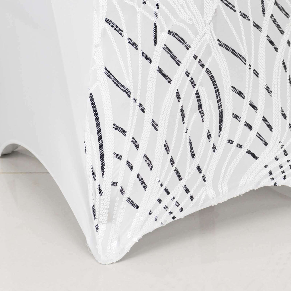 Spandex Chair Cover with Wave Embroidered Sequins for Banquet Chairs White/Black - Luxe Glittering Stretch Fitted Slipcover - Bell Racket Store
