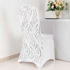 Spandex Chair Cover with Wave Embroidered Sequins for Banquet Chairs White/Black - Luxe Glittering Stretch Fitted Slipcover - Bell Racket Store