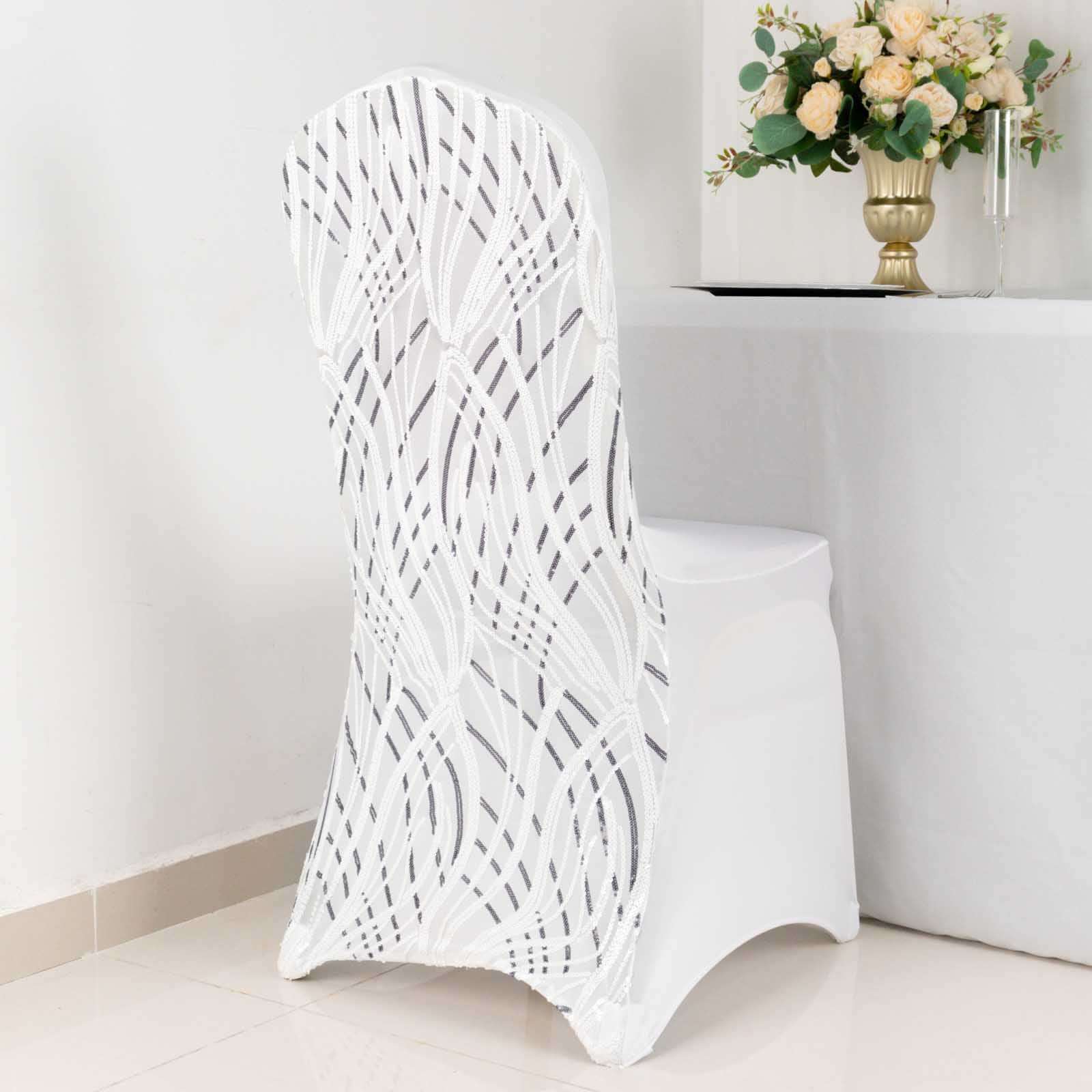 Spandex Chair Cover with Wave Embroidered Sequins for Banquet Chairs White/Black - Luxe Glittering Stretch Fitted Slipcover - Bell Racket Store