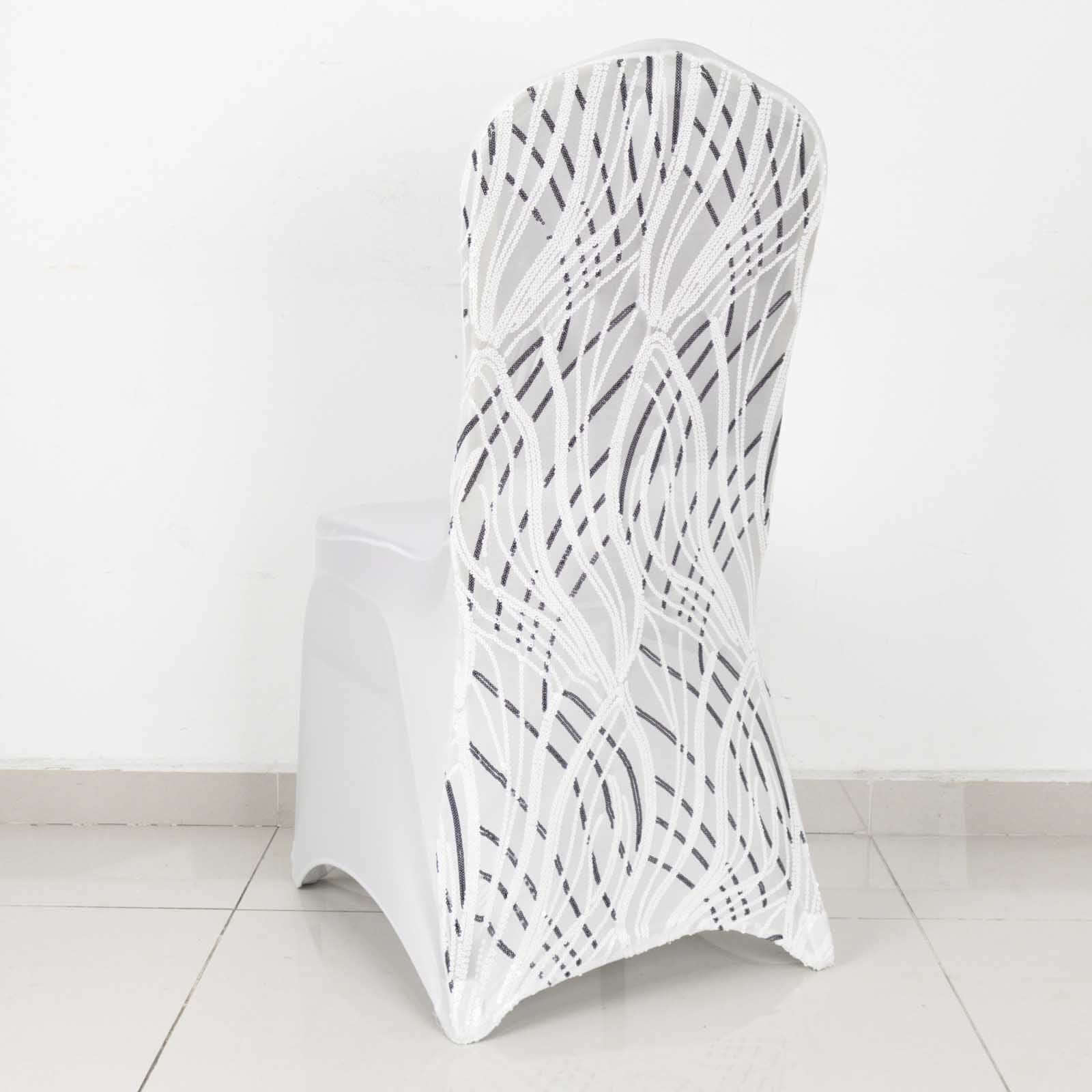 Spandex Chair Cover with Wave Embroidered Sequins for Banquet Chairs White/Black - Luxe Glittering Stretch Fitted Slipcover - Bell Racket Store