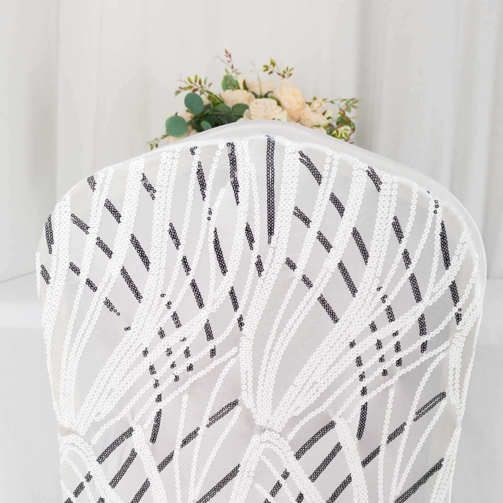 Spandex Chair Cover with Wave Embroidered Sequins for Banquet Chairs White/Black - Luxe Glittering Stretch Fitted Slipcover - Bell Racket Store