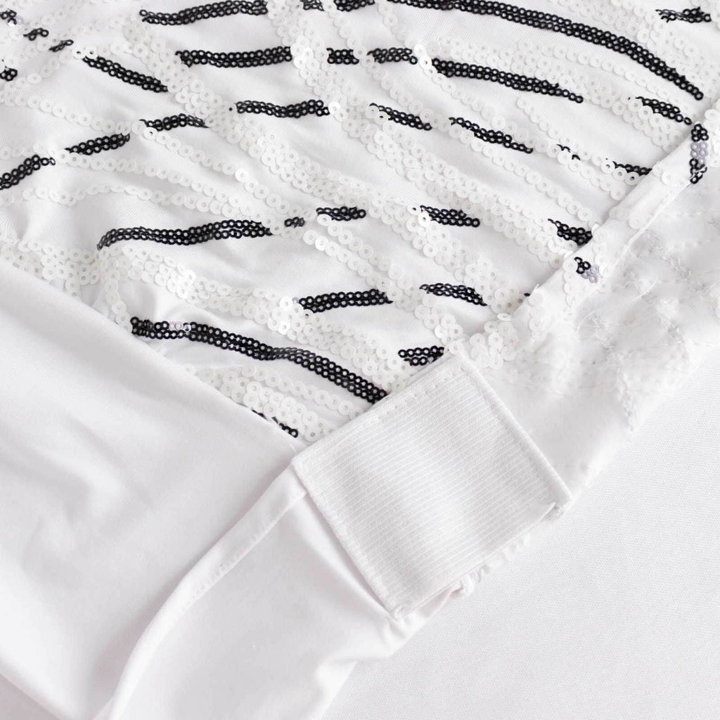 Spandex Chair Cover with Wave Embroidered Sequins for Banquet Chairs White/Black - Luxe Glittering Stretch Fitted Slipcover - Bell Racket Store