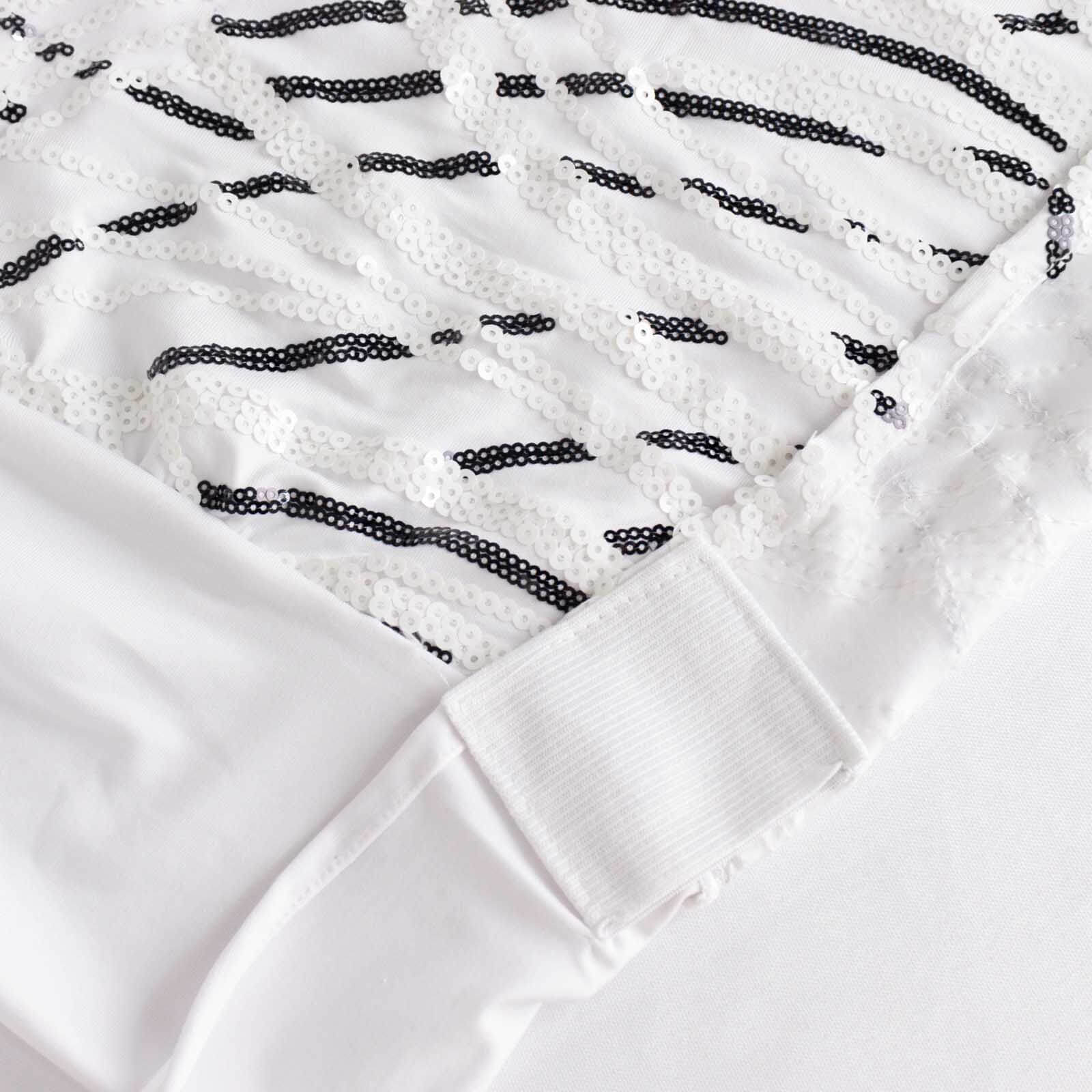 Spandex Chair Cover with Wave Embroidered Sequins for Banquet Chairs White/Black - Luxe Glittering Stretch Fitted Slipcover - Bell Racket Store