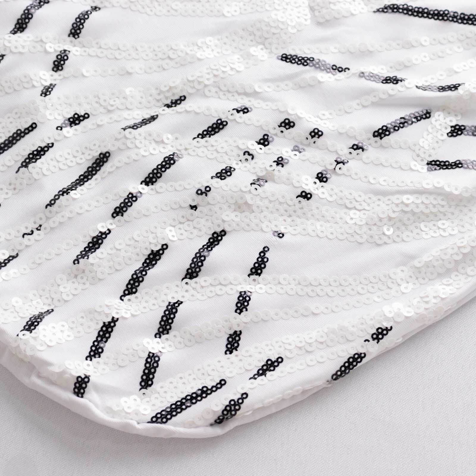 Spandex Chair Cover with Wave Embroidered Sequins for Banquet Chairs White/Black - Luxe Glittering Stretch Fitted Slipcover - Bell Racket Store