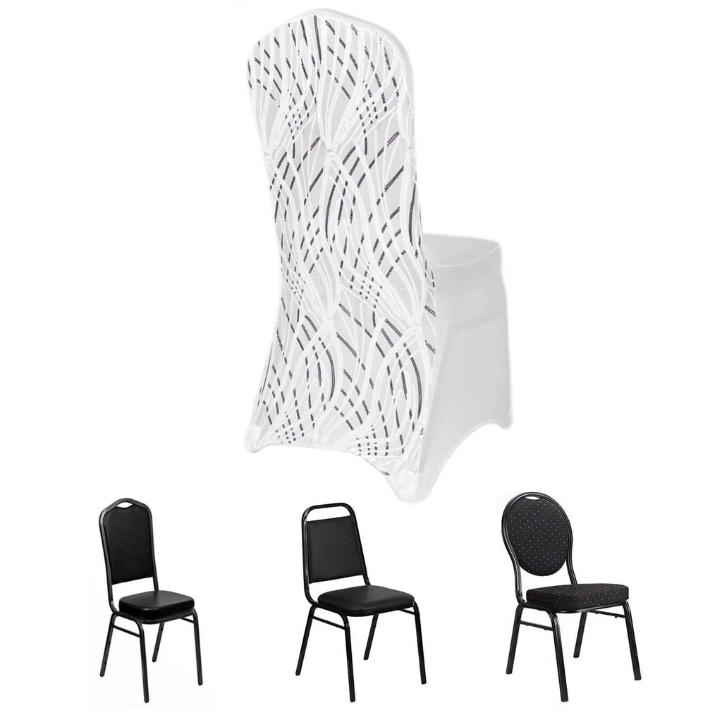Spandex Chair Cover with Wave Embroidered Sequins for Banquet Chairs White/Black - Luxe Glittering Stretch Fitted Slipcover - Bell Racket Store