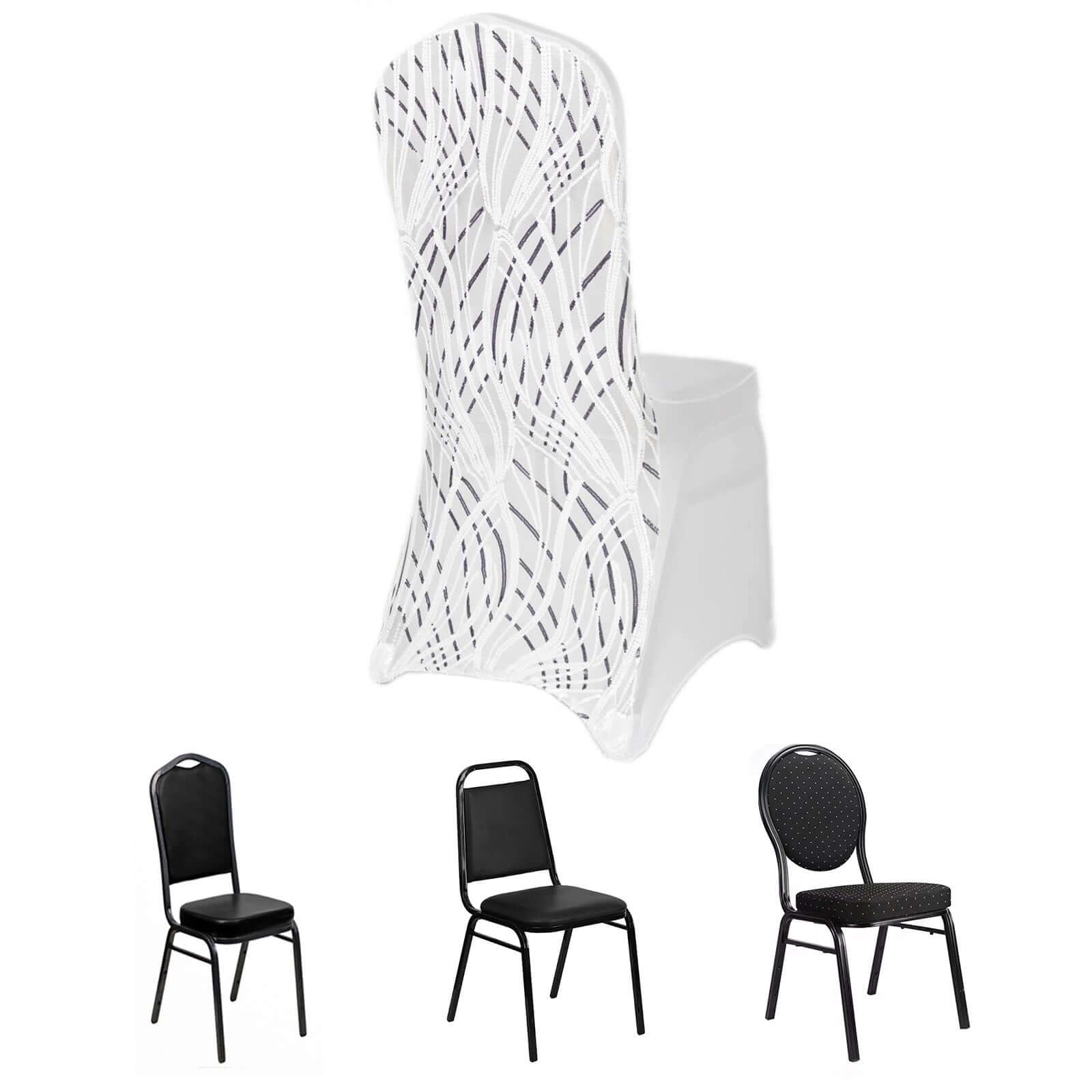 Spandex Chair Cover with Wave Embroidered Sequins for Banquet Chairs White/Black - Luxe Glittering Stretch Fitted Slipcover - Bell Racket Store