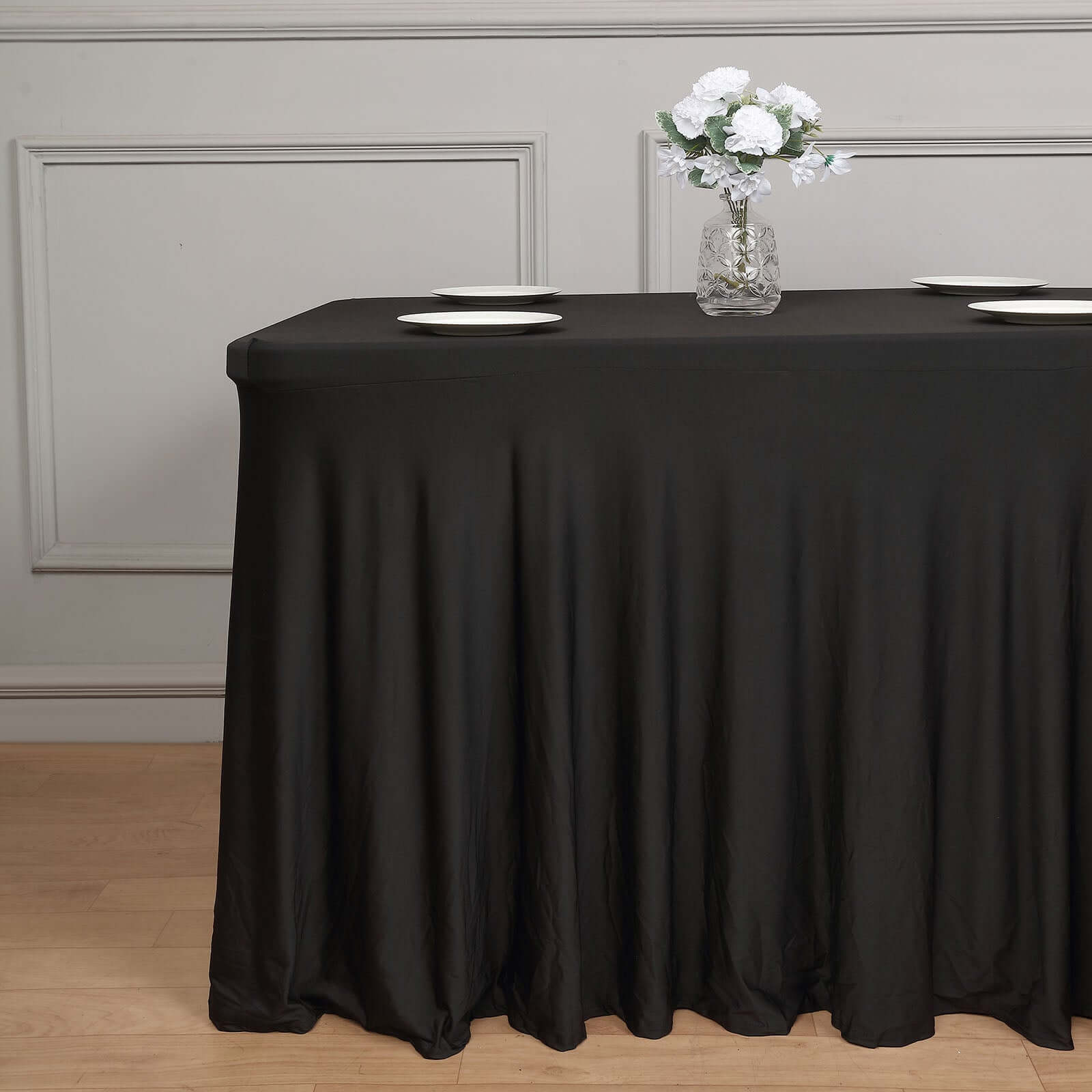 Spandex Rectangle 72"x30" Table Skirt Black with Wavy Skirt - Like Effect Table Cover - Bell Racket Store