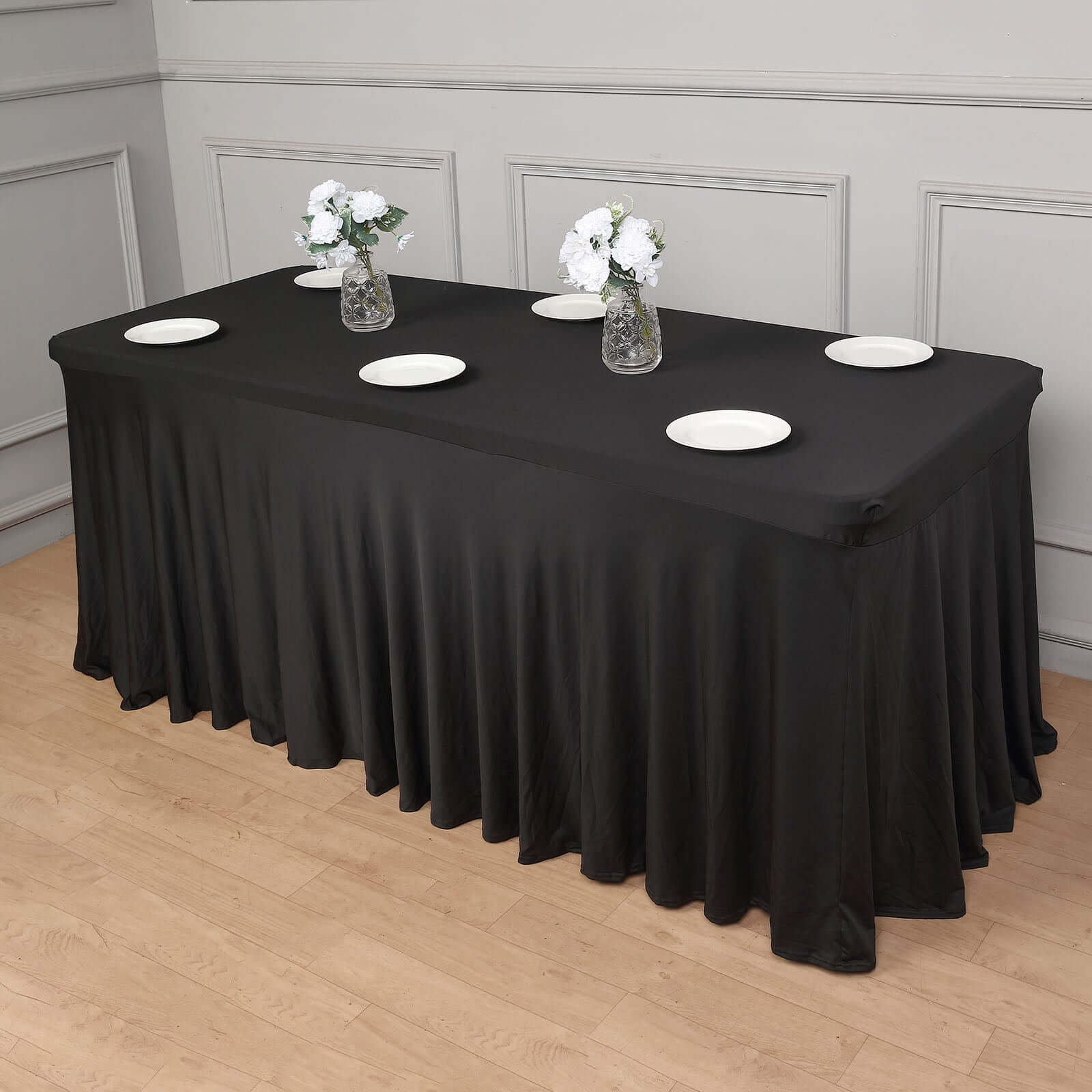 Spandex Rectangle 72"x30" Table Skirt Black with Wavy Skirt - Like Effect Table Cover - Bell Racket Store