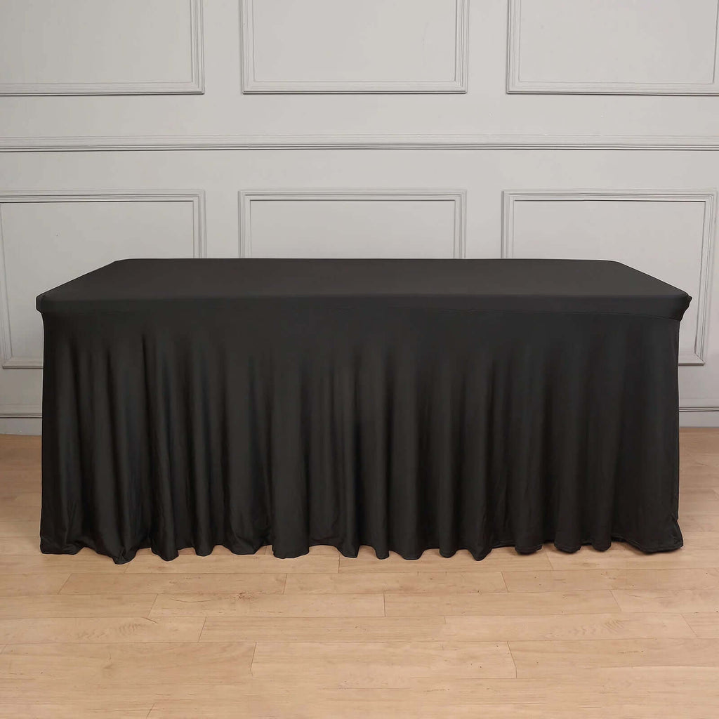 Spandex Rectangle 72"x30" Table Skirt Black with Wavy Skirt - Like Effect Table Cover - Bell Racket Store