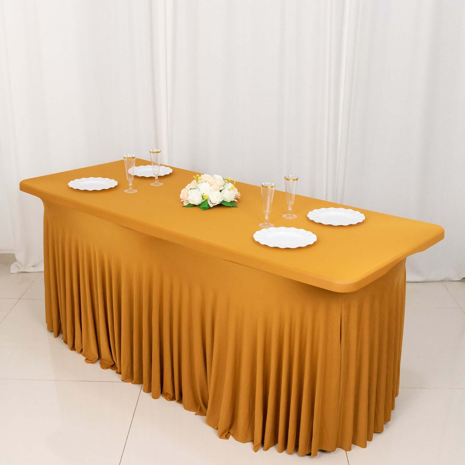 Spandex Rectangle 72"x30" Table Skirt Gold with Wavy Skirt - Like Effect Stylish Table Cover for Weddings, Banquets & Trade Shows - Bell Racket Store