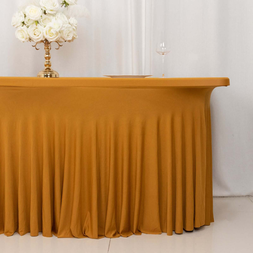 Spandex Rectangle 72"x30" Table Skirt Gold with Wavy Skirt - Like Effect Stylish Table Cover for Weddings, Banquets & Trade Shows - Bell Racket Store