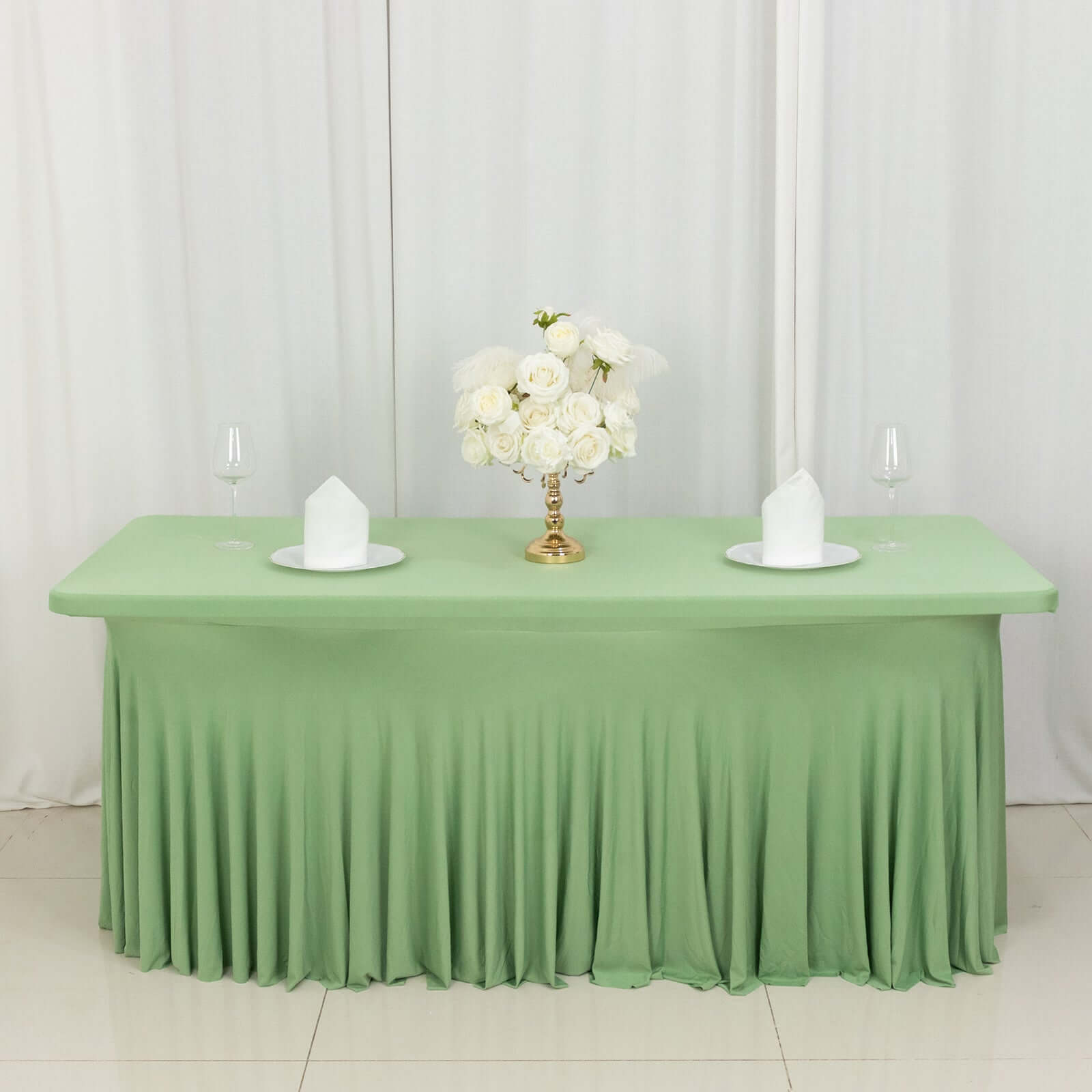 Spandex Rectangle 72"x30" Table Skirt Sage Green with Wavy Skirt - Like Effect Table Cover - Bell Racket Store