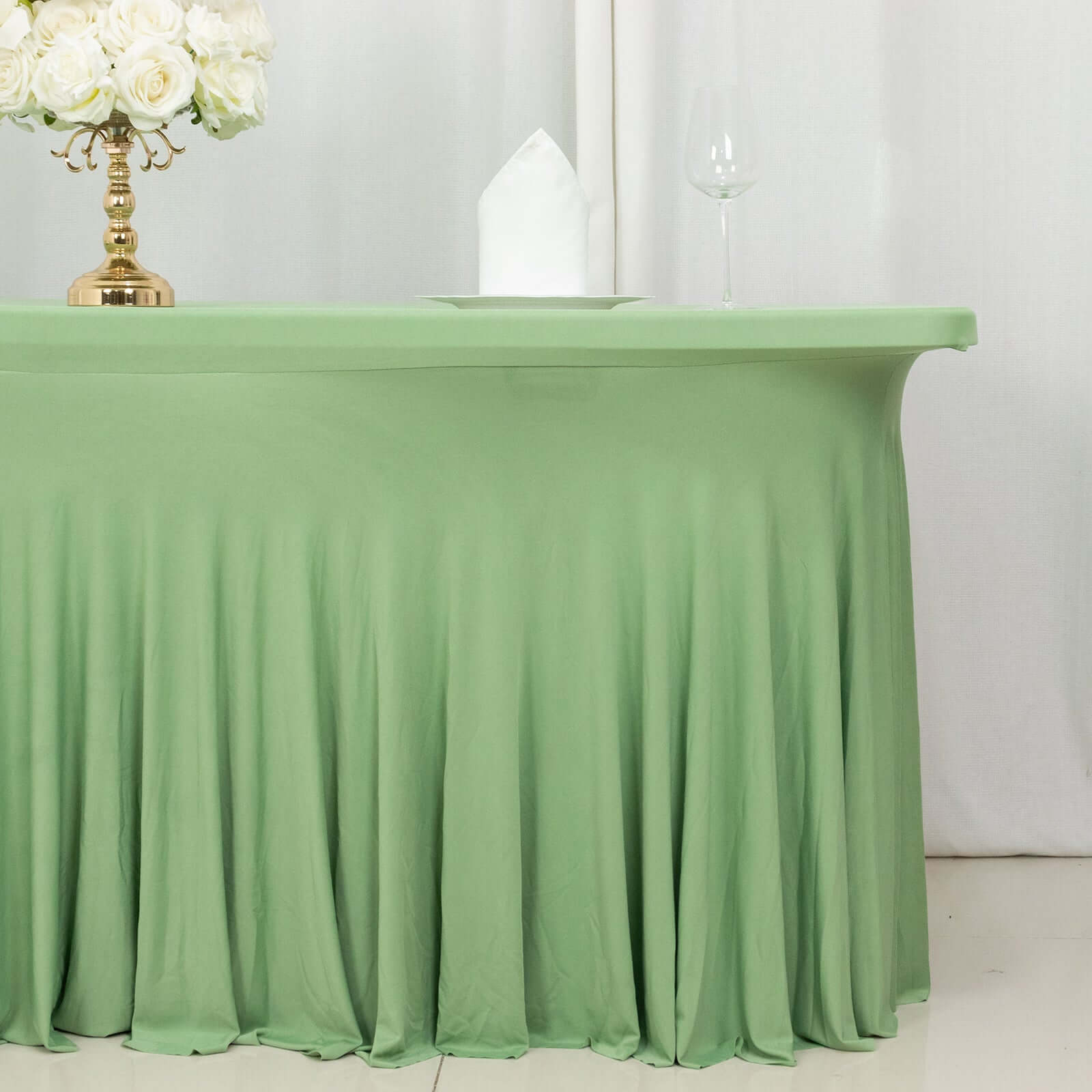Spandex Rectangle 72"x30" Table Skirt Sage Green with Wavy Skirt - Like Effect Table Cover - Bell Racket Store