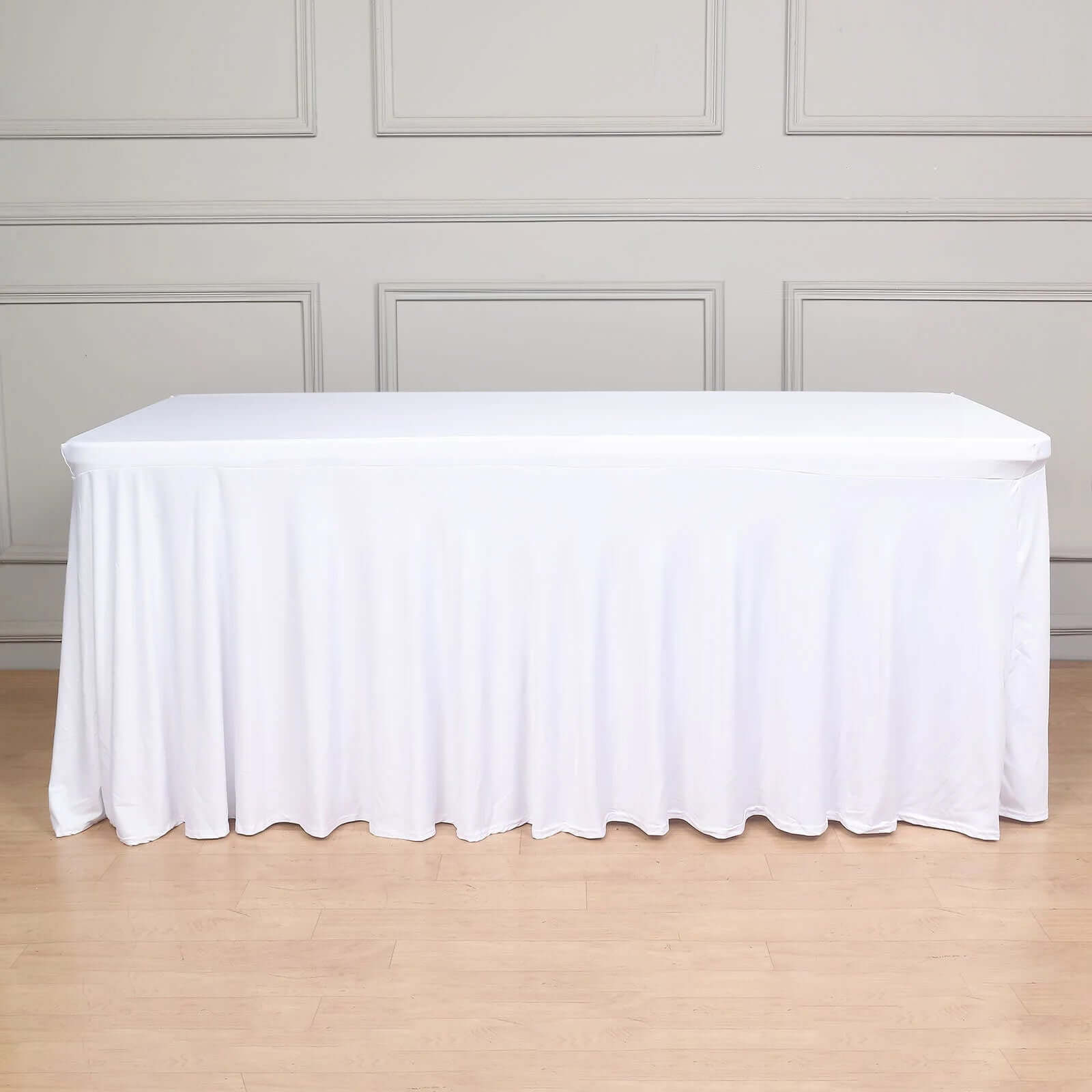 Spandex Rectangle 72"x30" Table Skirt White with Wavy Skirt - Like Effect Stylish Table Cover for Weddings, Banquets & Trade Shows - Bell Racket Store