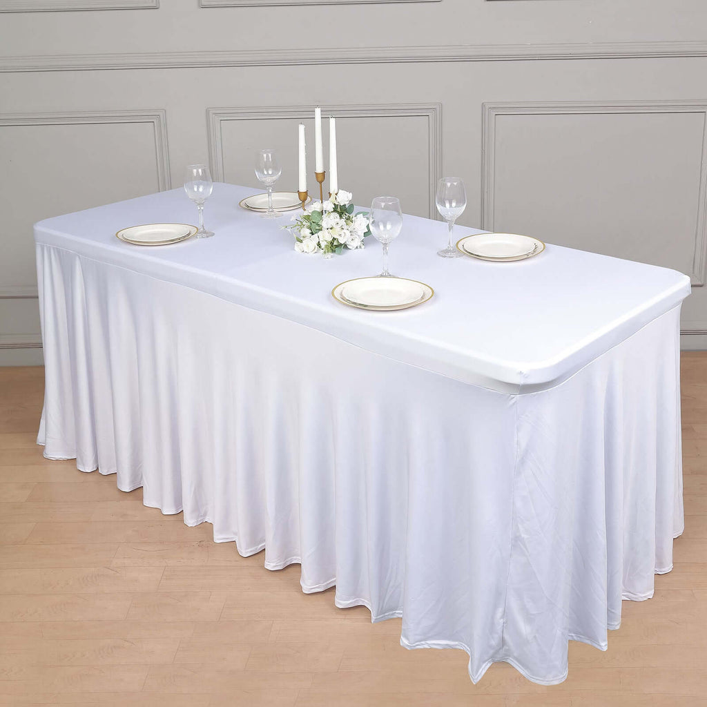Spandex Rectangle 72"x30" Table Skirt White with Wavy Skirt - Like Effect Stylish Table Cover for Weddings, Banquets & Trade Shows - Bell Racket Store