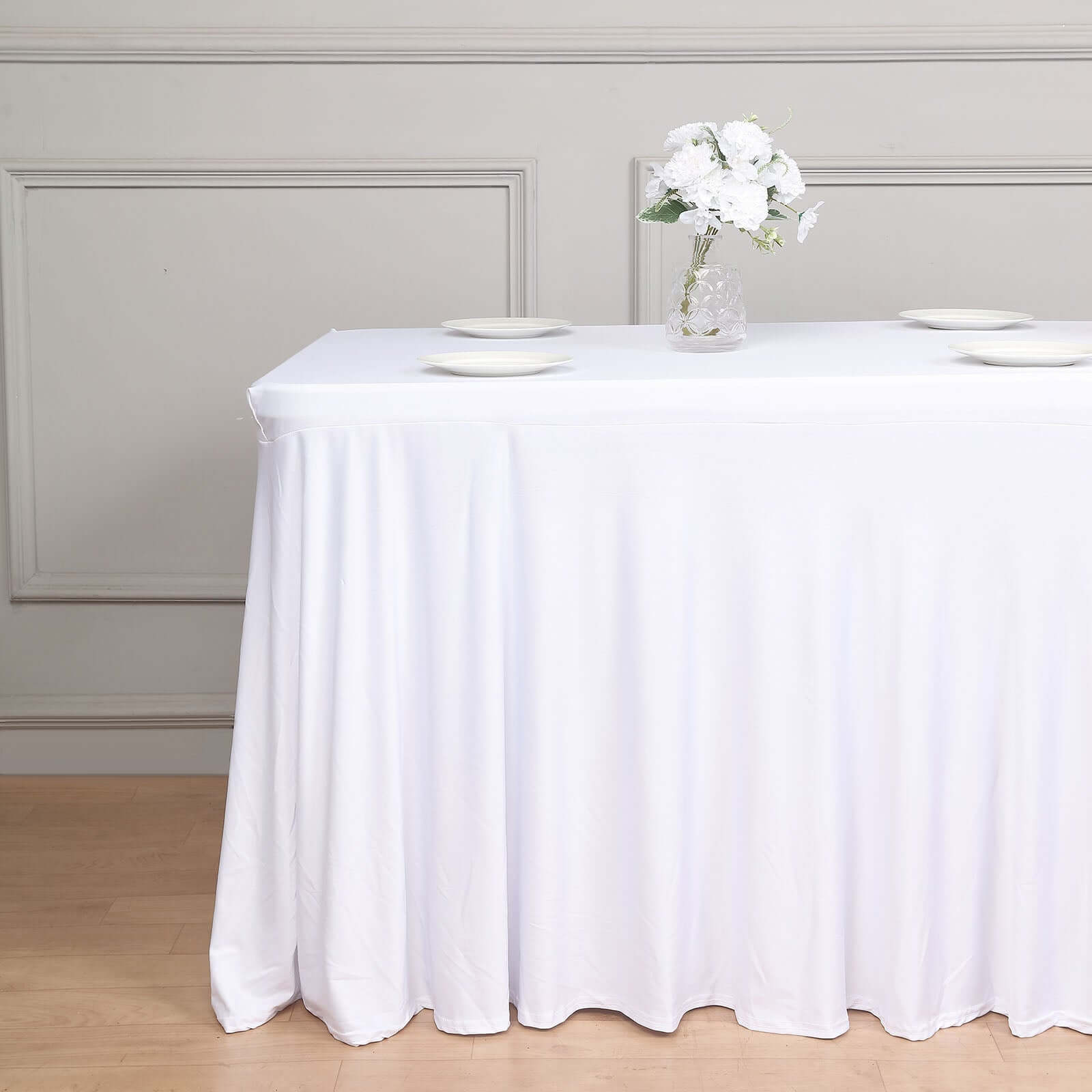 Spandex Rectangle 72"x30" Table Skirt White with Wavy Skirt - Like Effect Stylish Table Cover for Weddings, Banquets & Trade Shows - Bell Racket Store