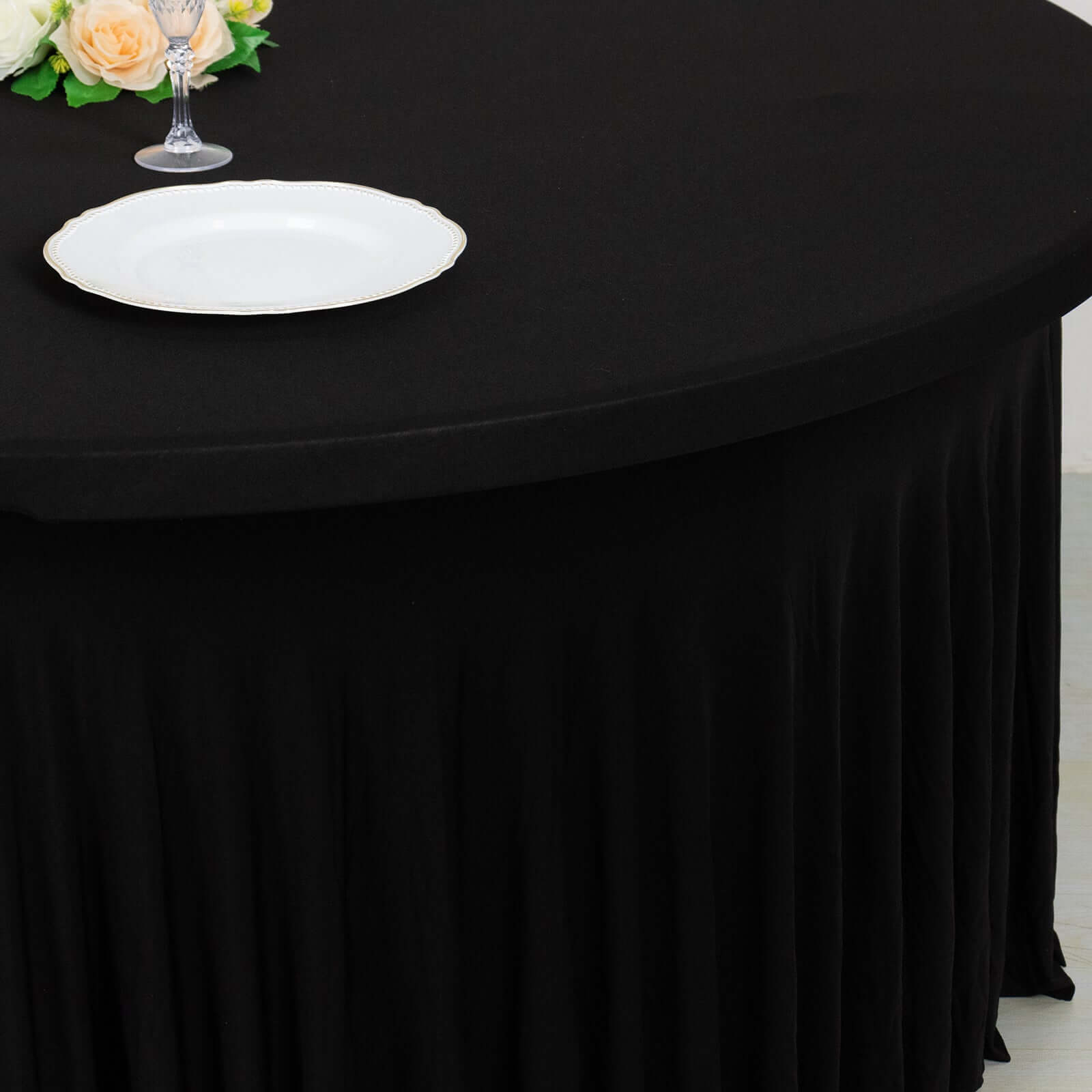 Spandex Round 5ft Table Skirt Black with Wavy Skirt - Like Effect Stylish Table Cover - Bell Racket Store