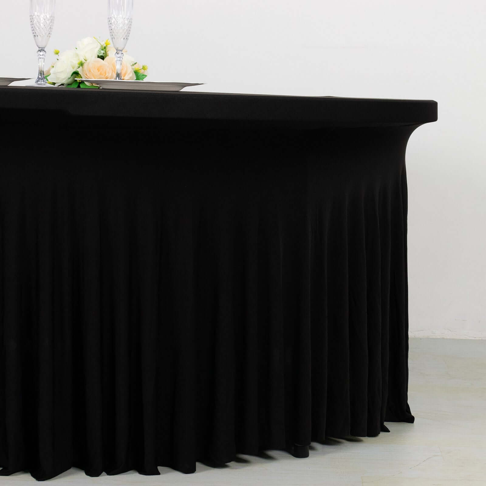 Spandex Round 5ft Table Skirt Black with Wavy Skirt - Like Effect Stylish Table Cover - Bell Racket Store