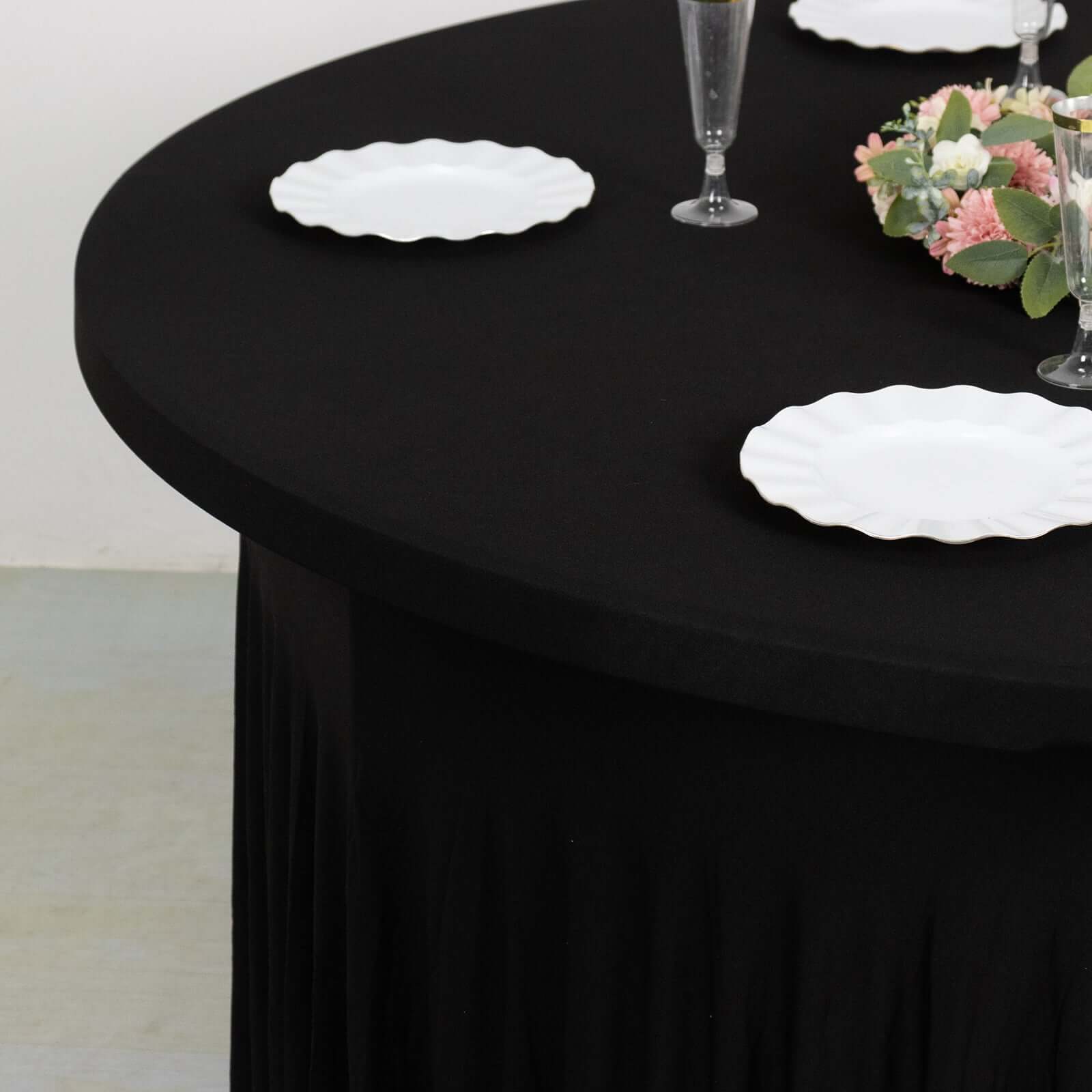 Spandex Round 5ft Table Skirt Black with Wavy Skirt - Like Effect Stylish Table Cover - Bell Racket Store