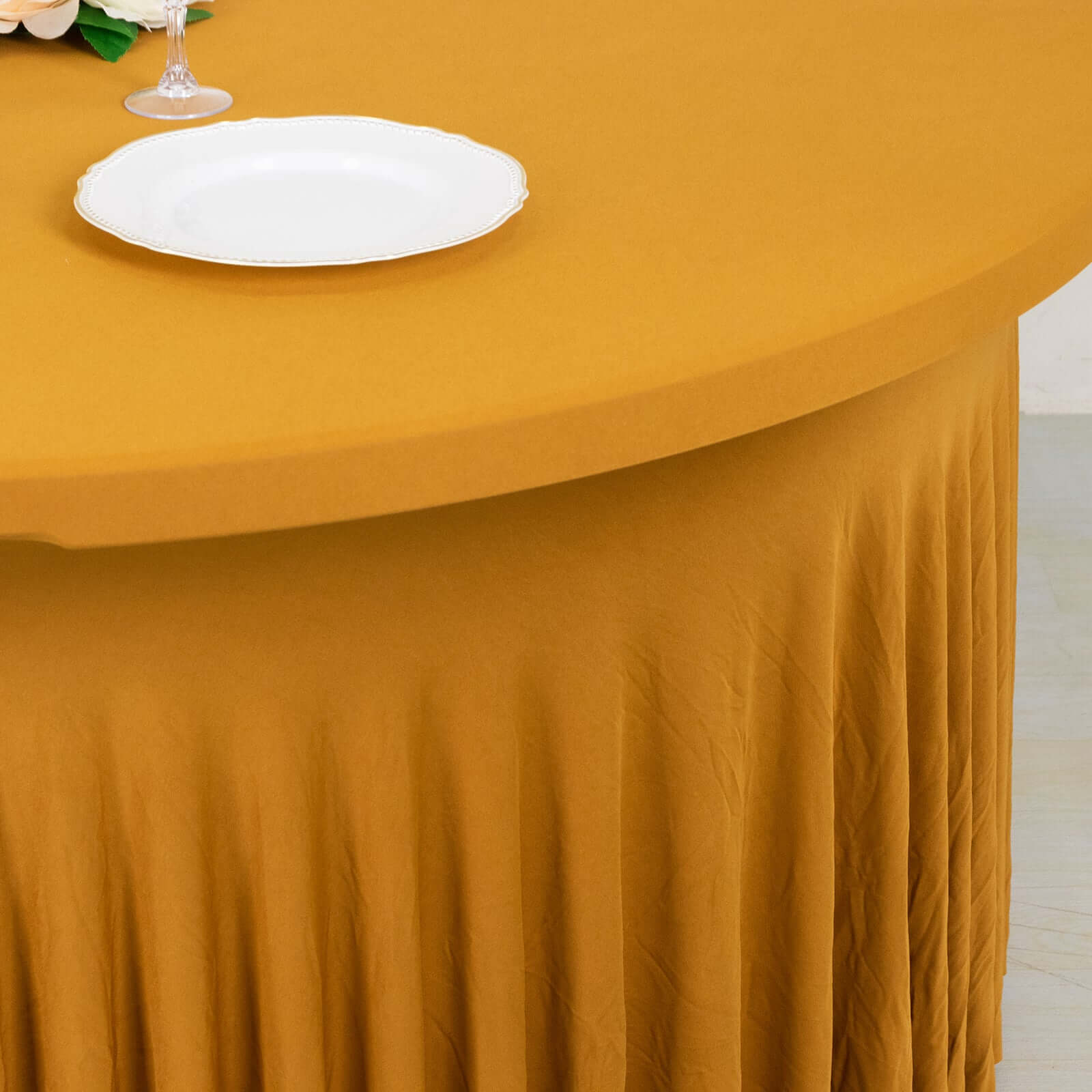 Spandex Round 5ft Table Skirt Gold with Wavy Skirt - Like Effect Stylish Table Cover for Weddings, Banquets & Trade Shows - Bell Racket Store