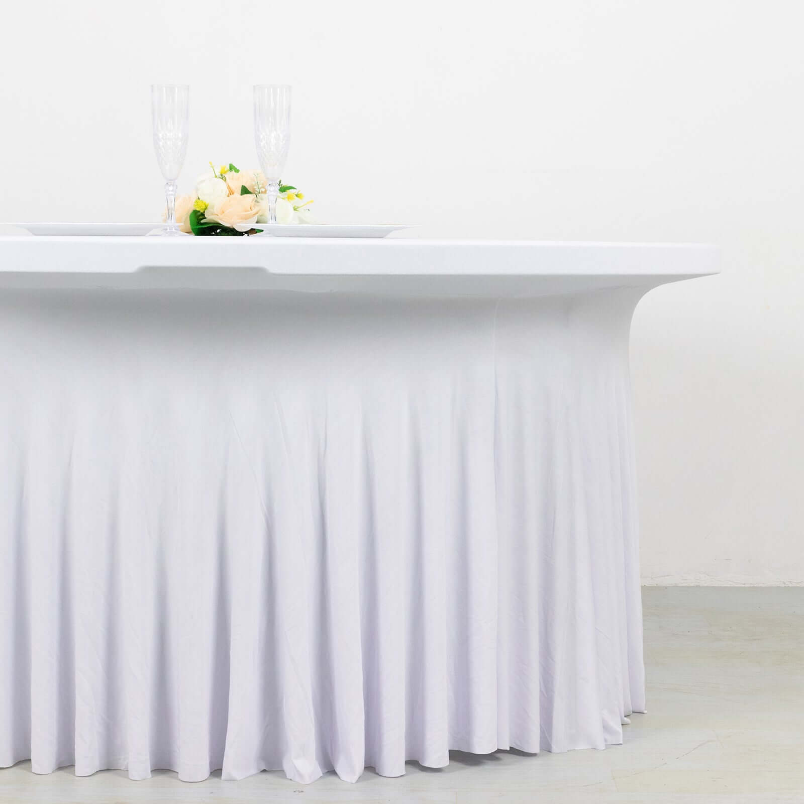 Spandex Round 5ft Table Skirt White with Wavy Skirt - Like Effect Stylish Table Cover for Weddings, Banquets & Trade Shows - Bell Racket Store