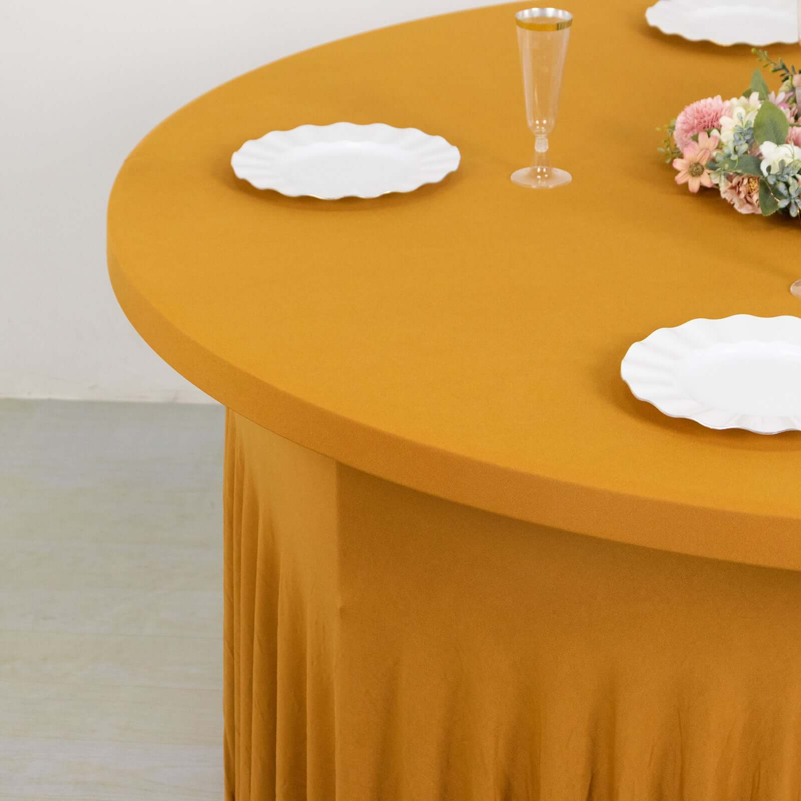 Spandex Round 6ft Table Skirt Gold with Wavy Skirt - Like Effect Stylish Table Cover for Weddings, Banquets & Trade Shows - Bell Racket Store