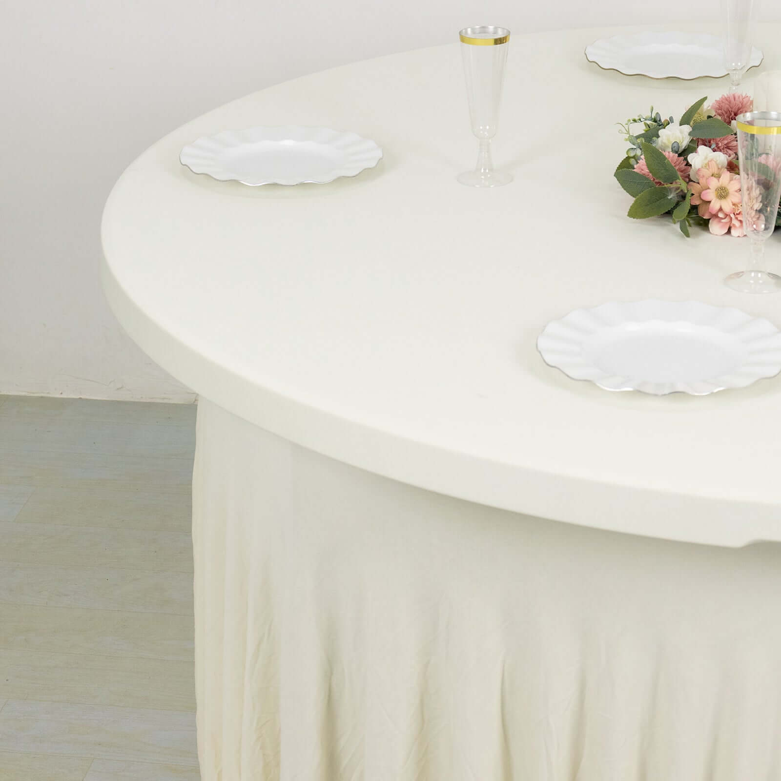 Spandex Round 6ft Table Skirt Ivory with Wavy Skirt - Like Effect Stylish Table Cover - Bell Racket Store