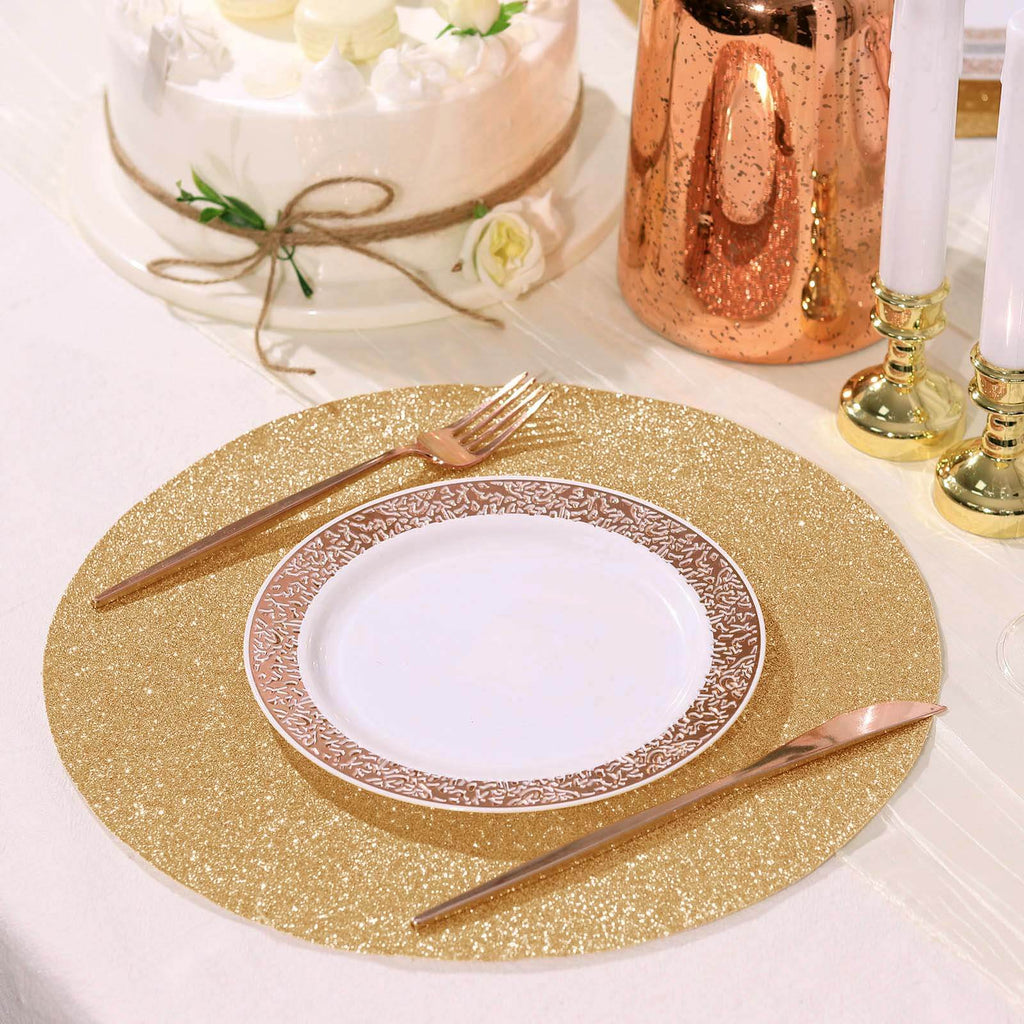 6-Pack Placemats Glitter Design Champagne Sparkle Round - Non-Slip Decorative Dining Table Mats 13"