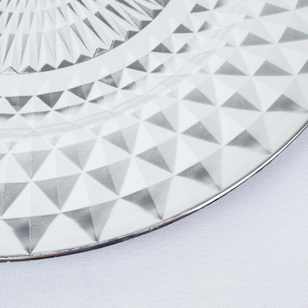 6-Pack Plastic Round Charger Plates 13" in Silver with Diamond Pattern, Sparkling Disposable Dinner Charger Tableware