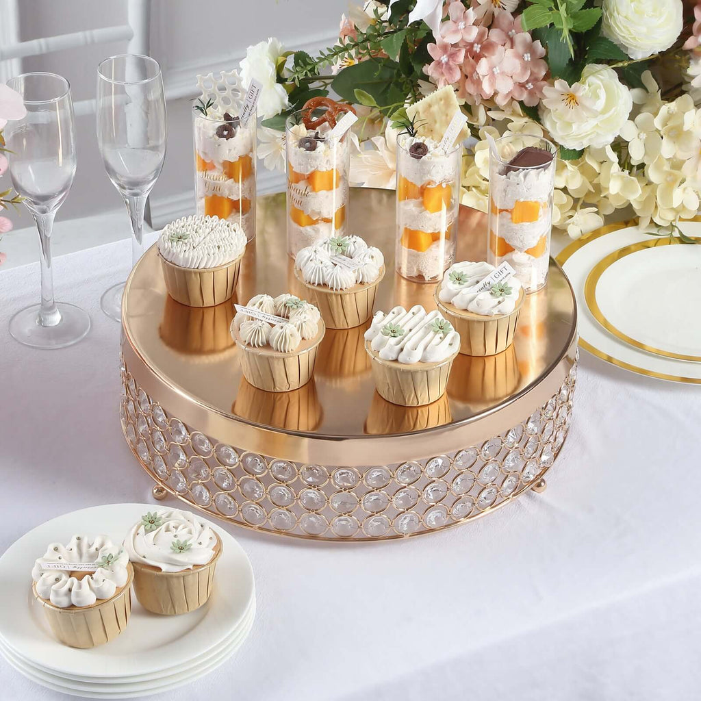 Metal Cake Stand Pedestal Crystal Beaded Design Gold - Cupcake Display and Dessert Riser 14"