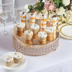 Metal Cake Stand Pedestal Crystal Beaded Design Gold - Cupcake Display and Dessert Riser 14"