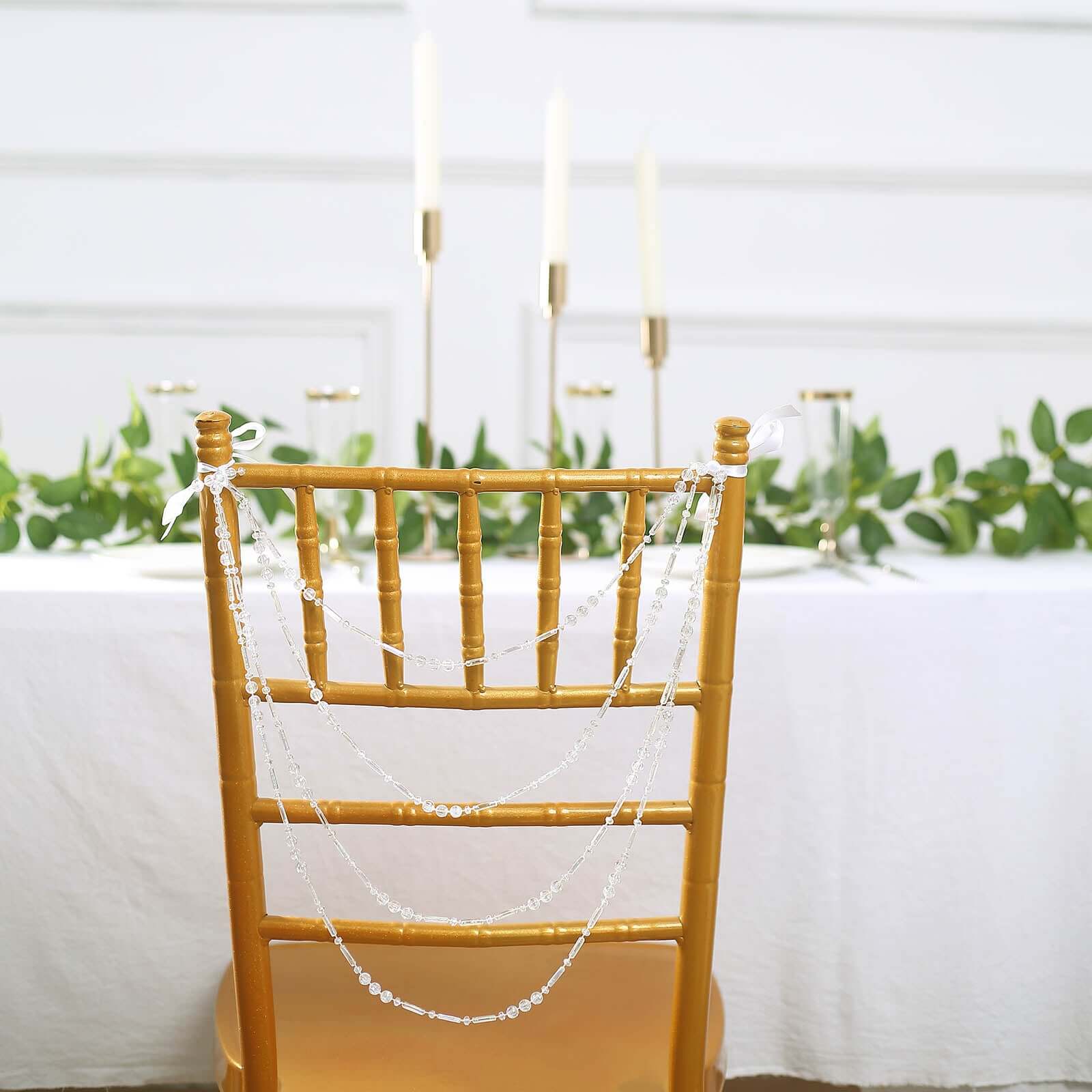 Faux Pearl Beaded 16" Chair Back Garland Sash Iridescent Gatsby-Inspired Style - Pre-Tied Chic Wedding Decor for Chiavari Chairs