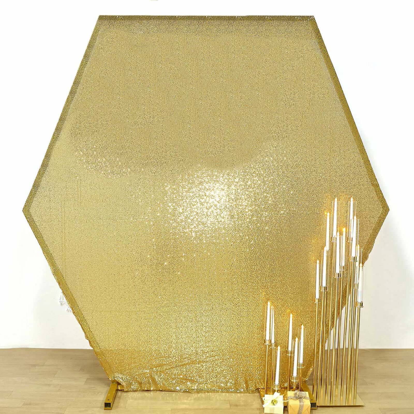 8ftx7ft Metallic Gold Shiny Sequin Hexagon Backdrop Stand Cover, Shiny Sparkle 2-Sided Custom Fit Wedding Arch Cover