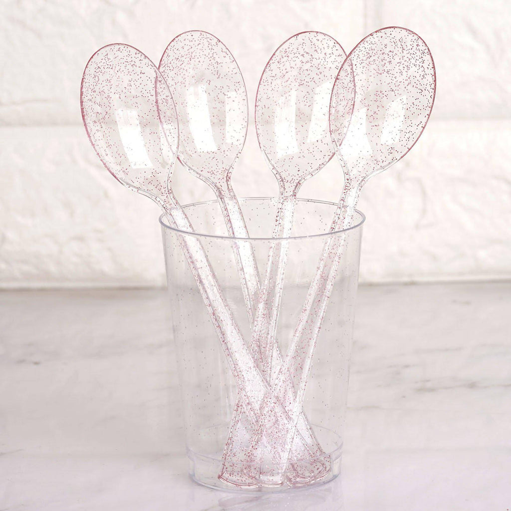 25-Pack Plastic Spoons Transparent Blush Glitter Classic Heavy Duty - Decorative Disposable Tableware 7"