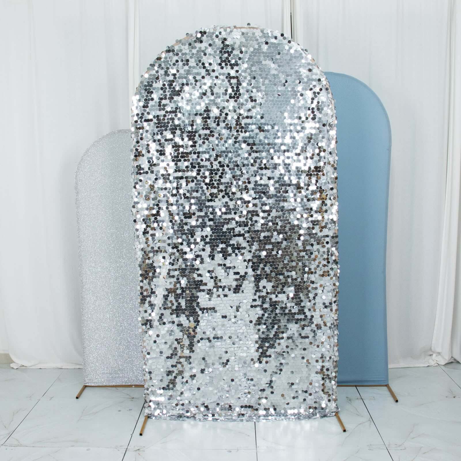 Set of 3 Dusty Blue Silver Round Top Fit Wedding Arch Frame Covers, Big Payette Sequin, Shimmer Tinsel and Matte Spandex Backdrop Stand Covers