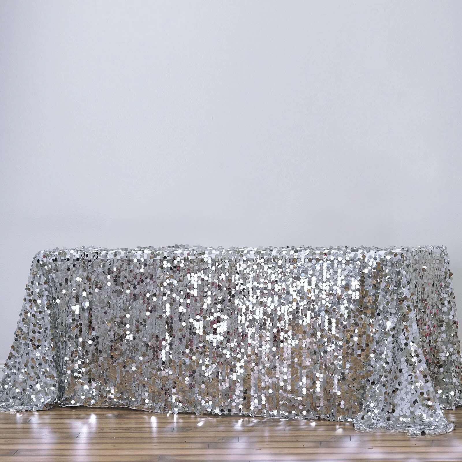 Sequin 90"x132" Rectangle Tablecloth Silver - Seamless Big Payette Table Cover