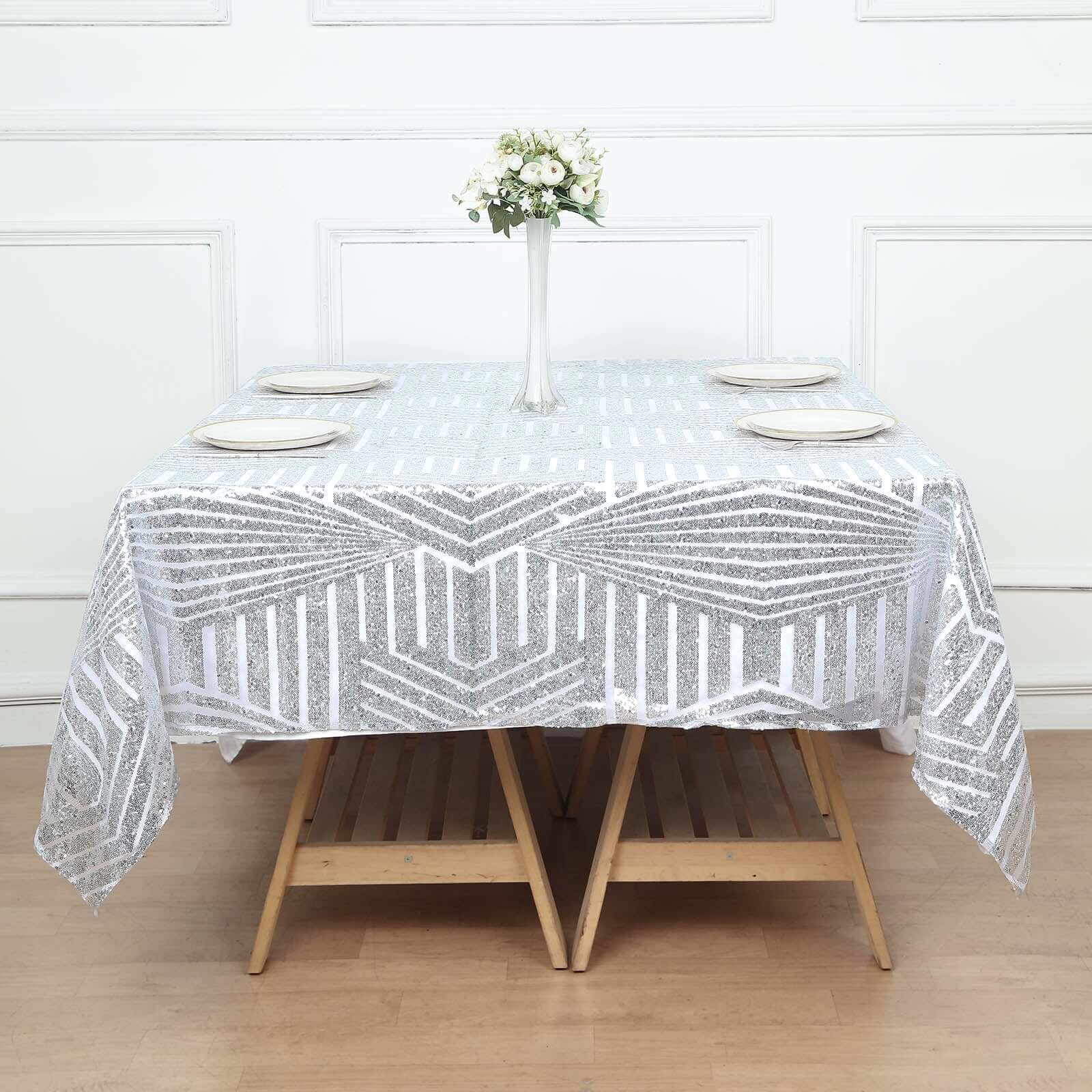 Sequin 72" Table Overlay Square Tablecloth Silver - Diamond Glitz Table Cover