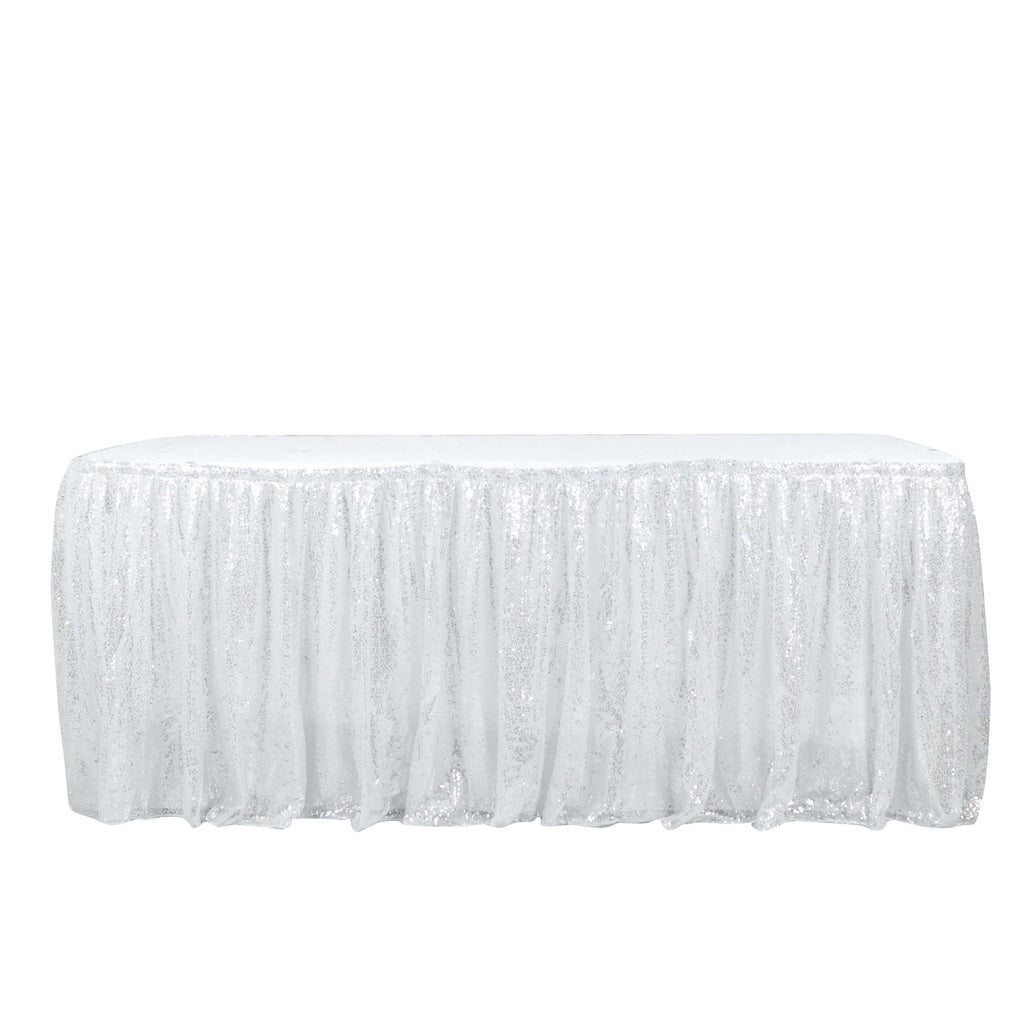Sequin 17ft Table Skirt Silver - Pleated Satin With Top Velcro Strip