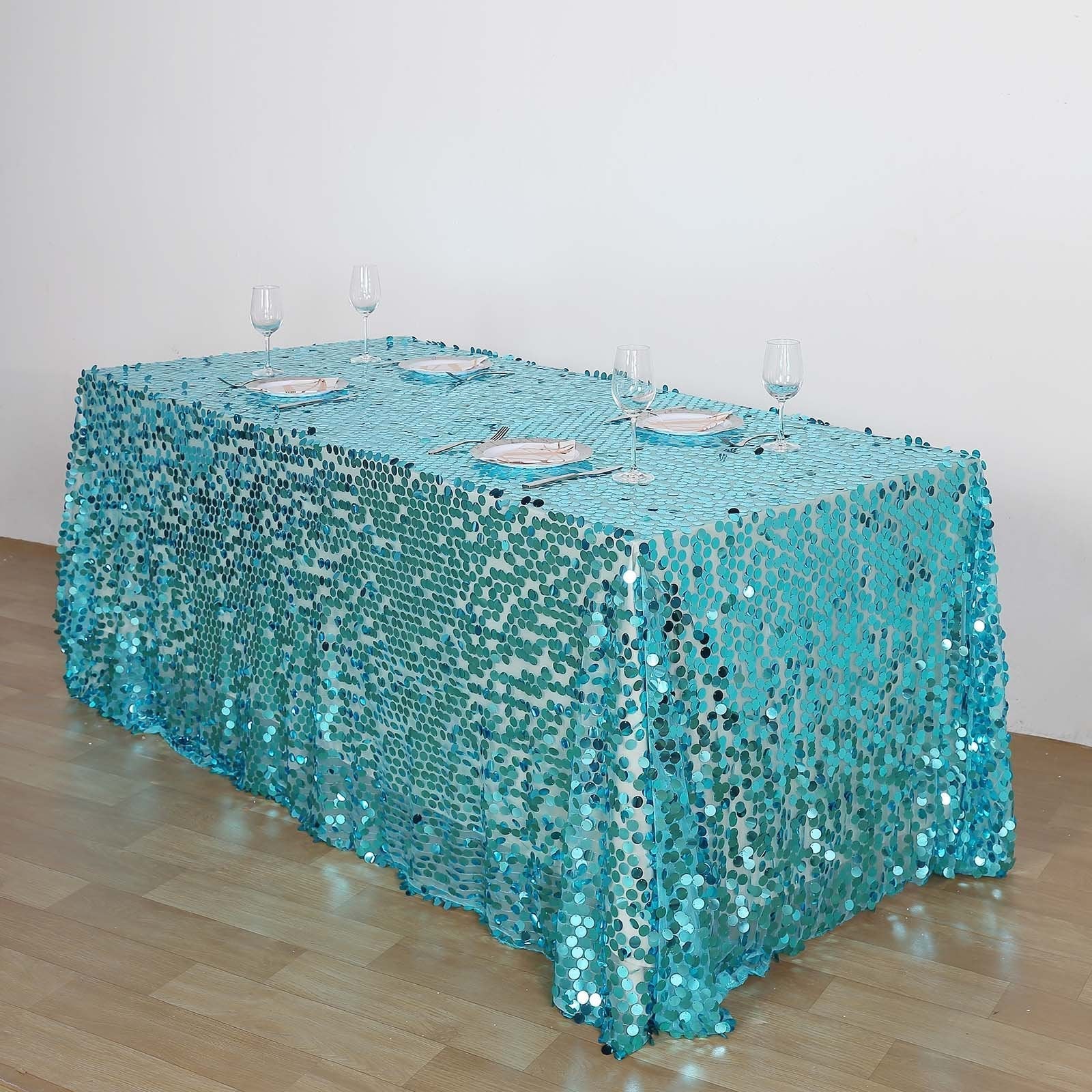 Sequin 90"x156" Rectangle Tablecloth Turquoise - Seamless Big Payette Table Cover