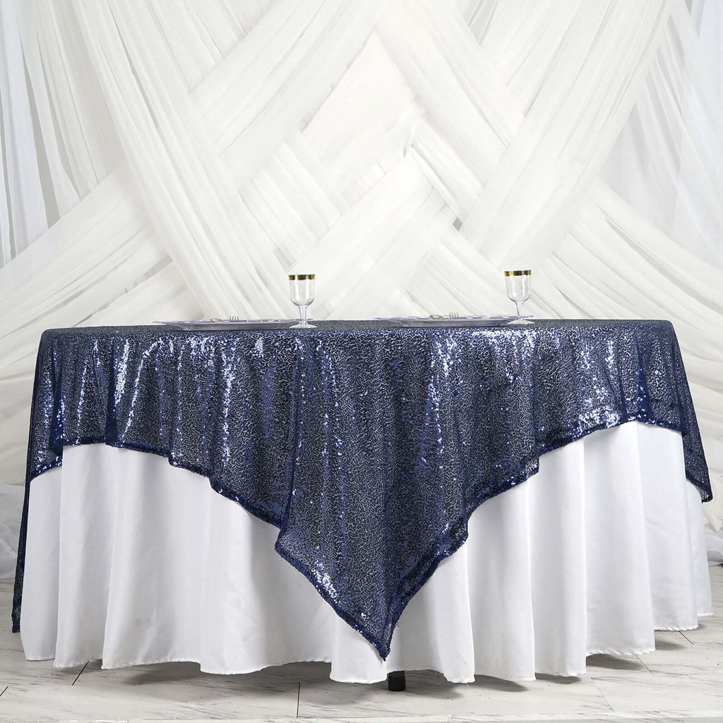 Sequin 90"x90" Table Overlay Square Tablecloth Navy Blue - Sparkly Table Cover