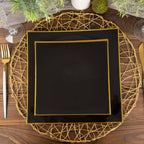 10-Pack Plastic 10" Square Dinner Plates in Black Concave Style with Gold Rim - Modern Disposable Party Plates