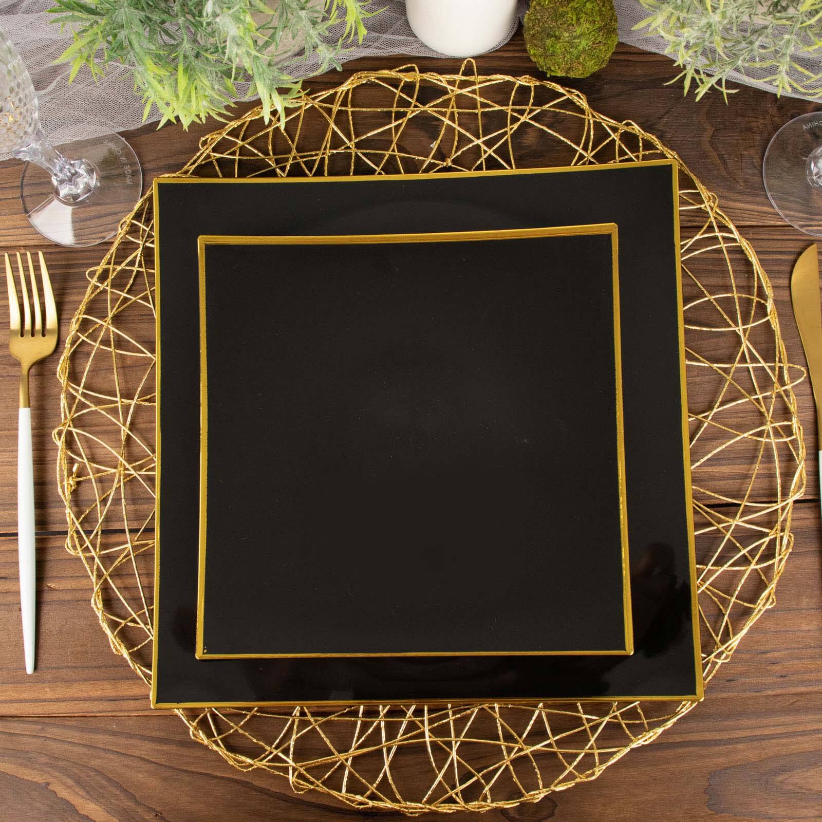 10-Pack Plastic 10" Square Dinner Plates in Black Concave Style with Gold Rim - Modern Disposable Party Plates